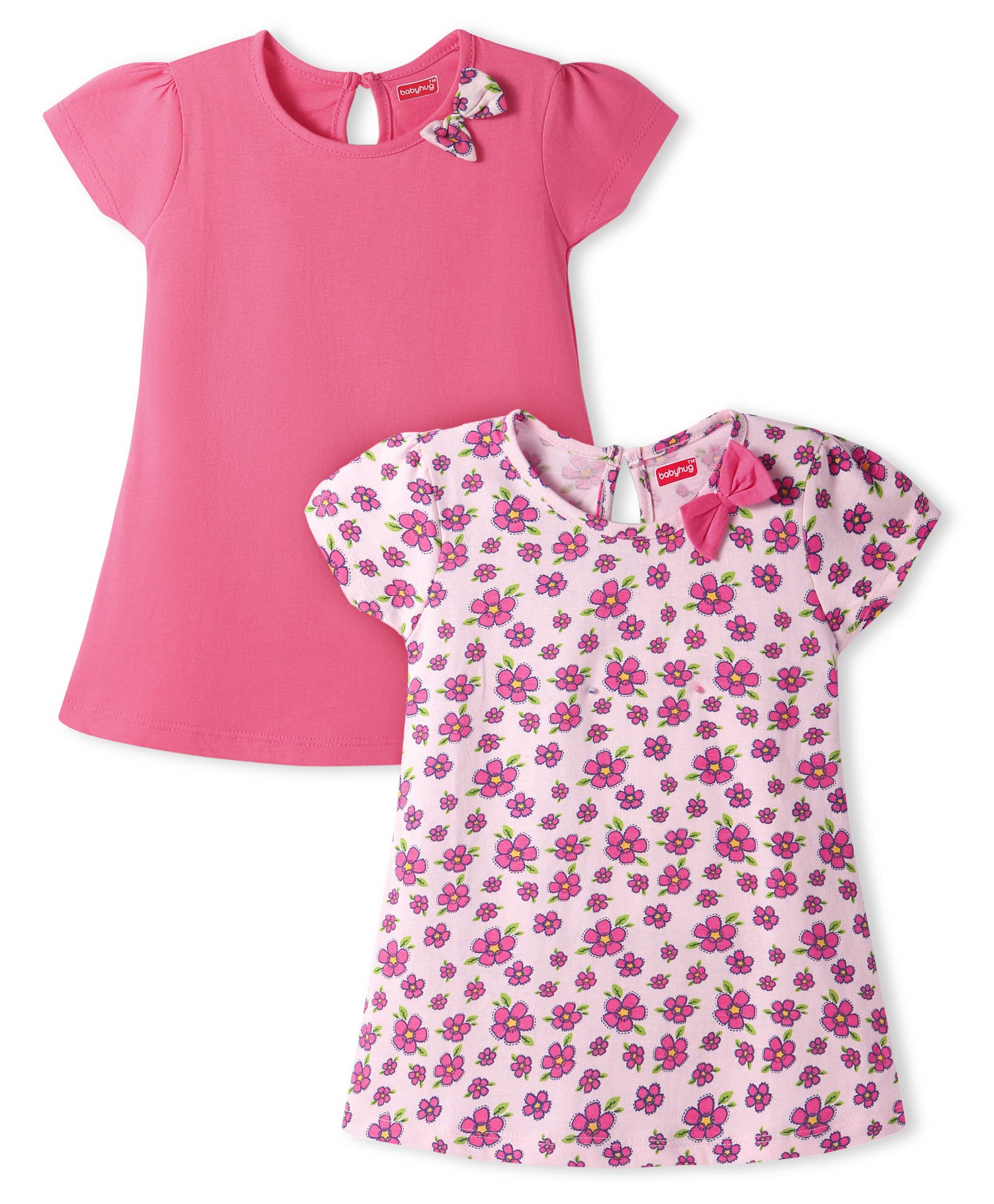 Babyhug Single Jersey Knit Half Sleeves Frocks With Floral Print & Bow Applique Pack of 2 - Dark Pink & Light Pink-image-35