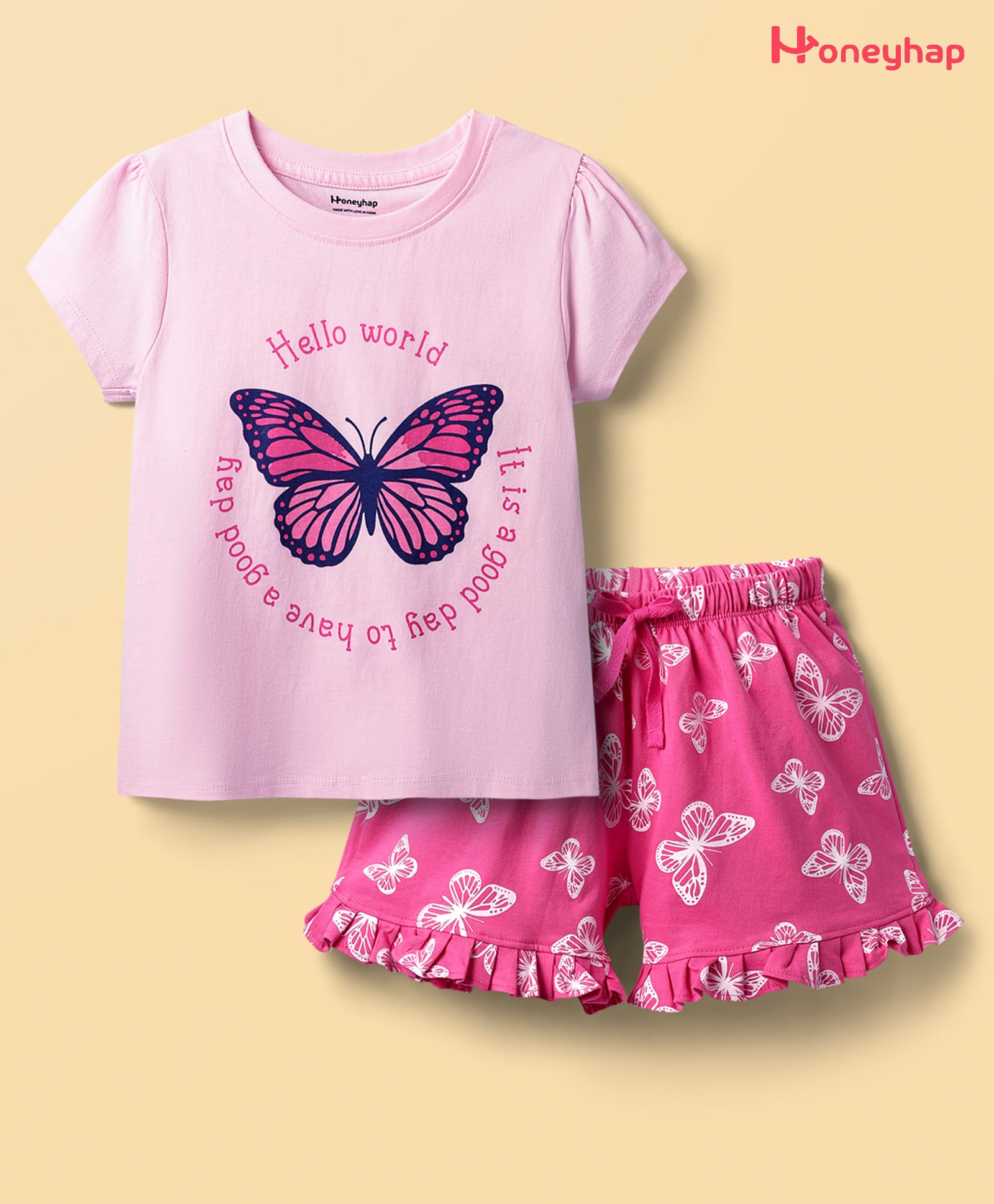 Honeyhap Premium 100% Cotton Knit Half Sleeves Shorts Night Suit with Bio Finish & Butterfly Print - Tender Touch & Azealea Pink-picture-21
