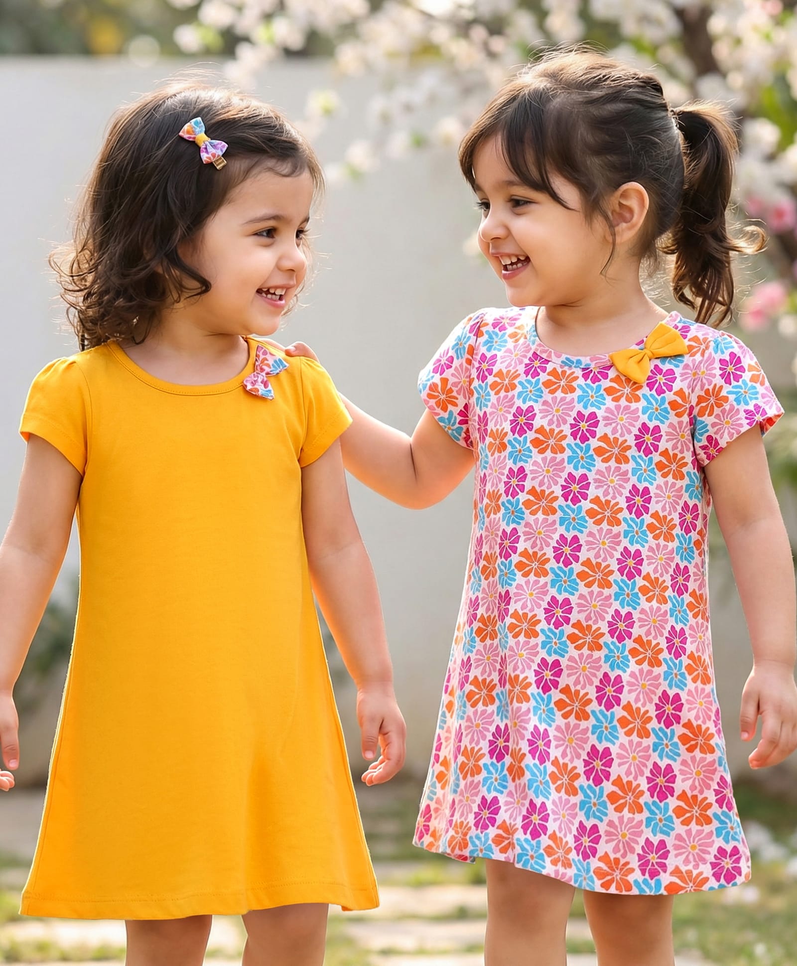 Babyhug Single Jersey Knit Half Sleeves Dresses With Floral Print & Bow Applique Pack of 2 - Yellow & Pink-image-16