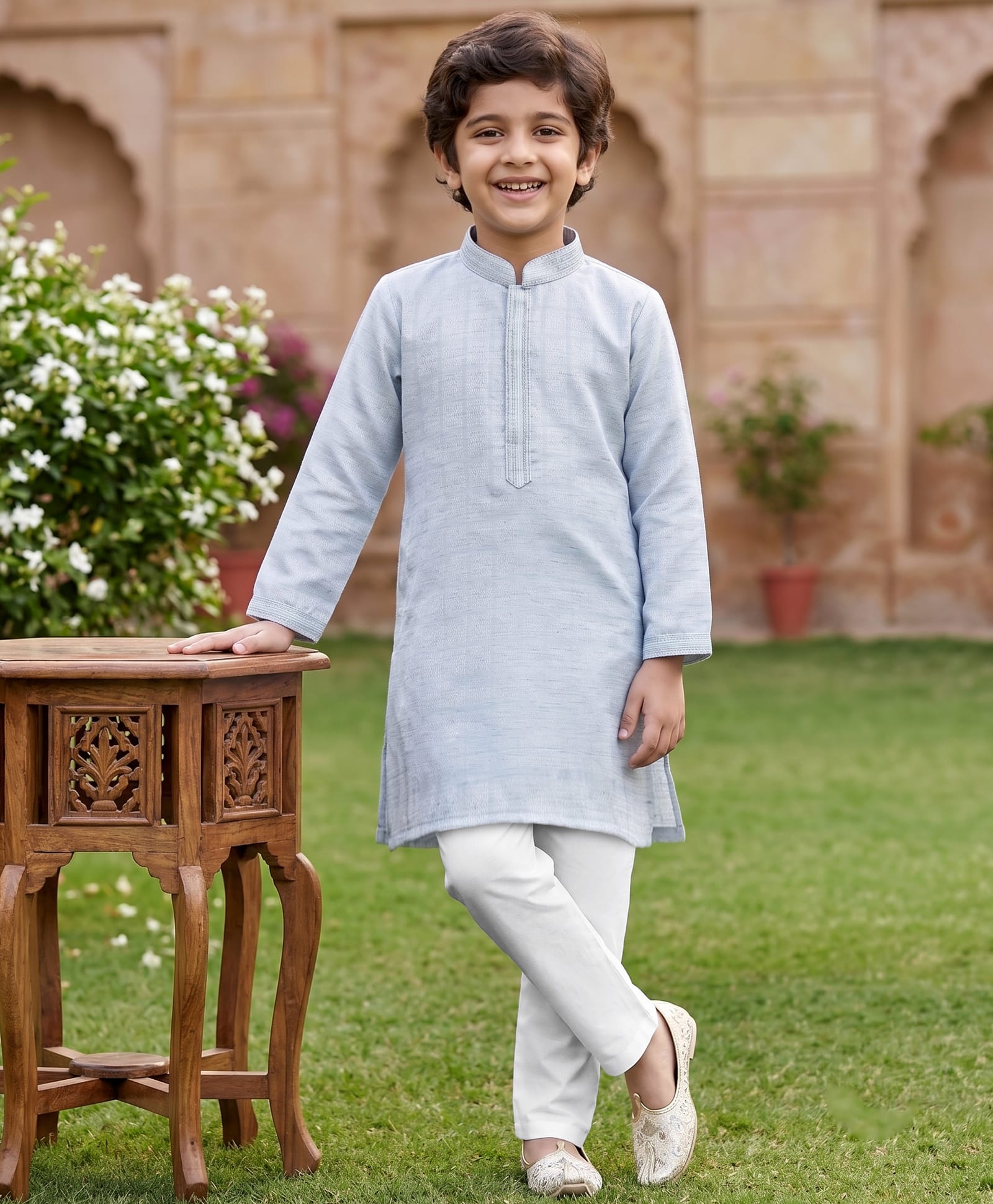 Robo Fry Silk Full Sleeves Solid Kurta Pyjama Set - Light Grey-picture-23