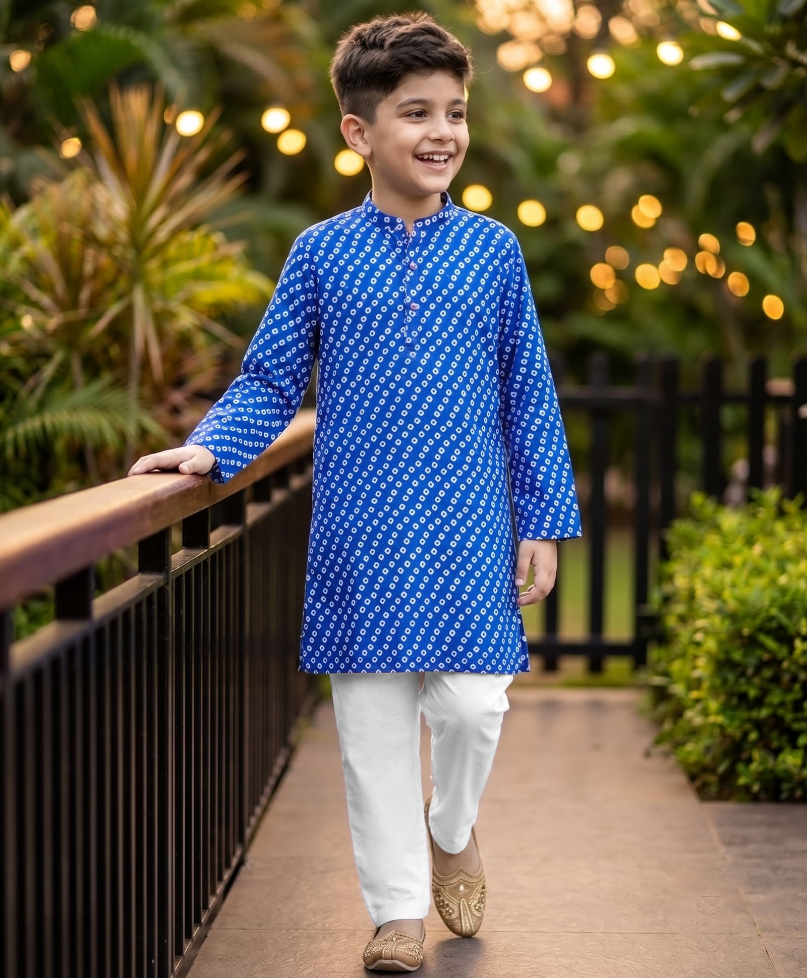 Robo Fry Silk Woven Full Sleeves Kurta Pyjama Set with Bandhani Print - Blue & White-picture-28