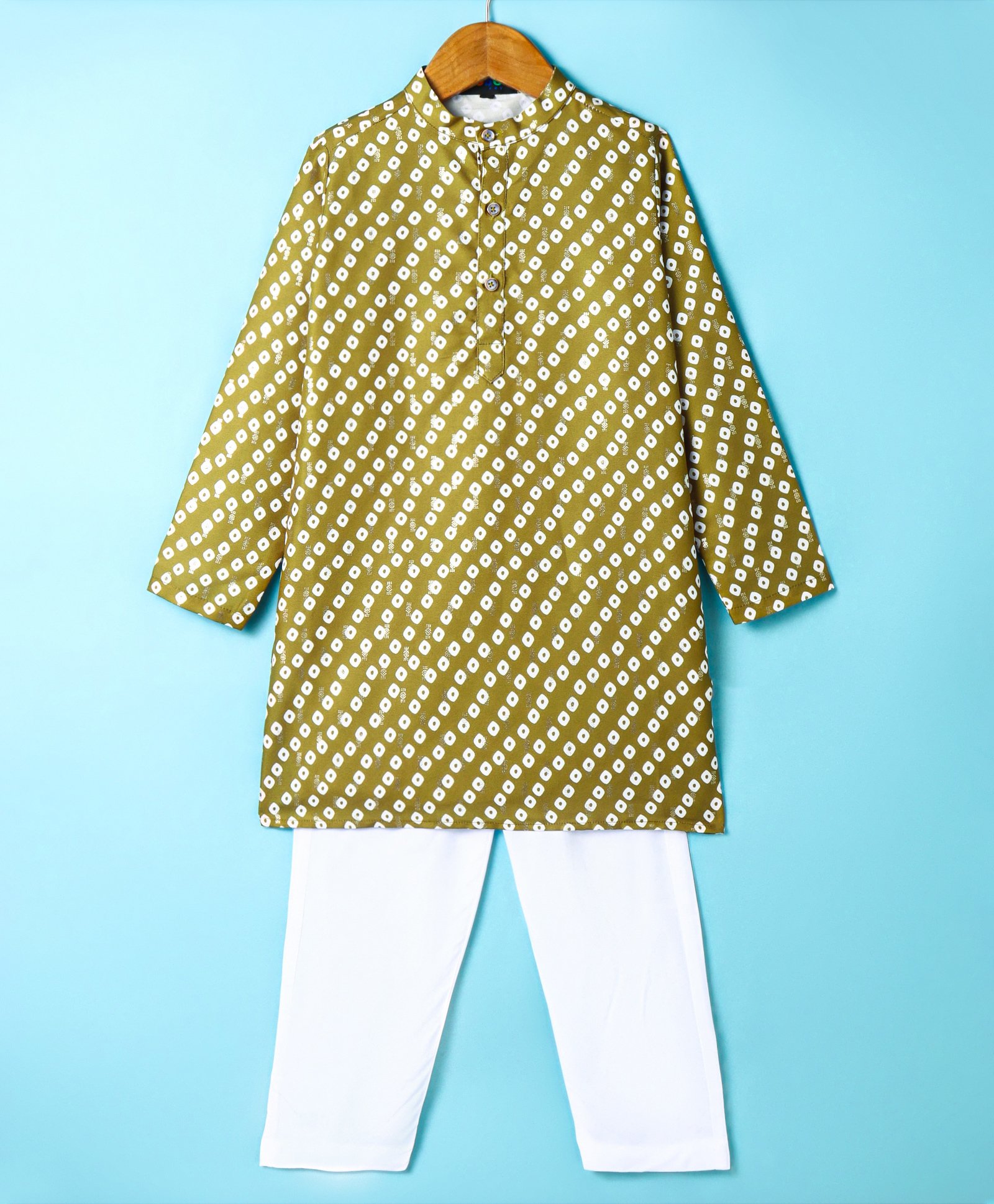 Robo Fry Silk Woven Full Sleeves Kurta Pyjama Set with Bandhani Print - Olive Green-picture-19