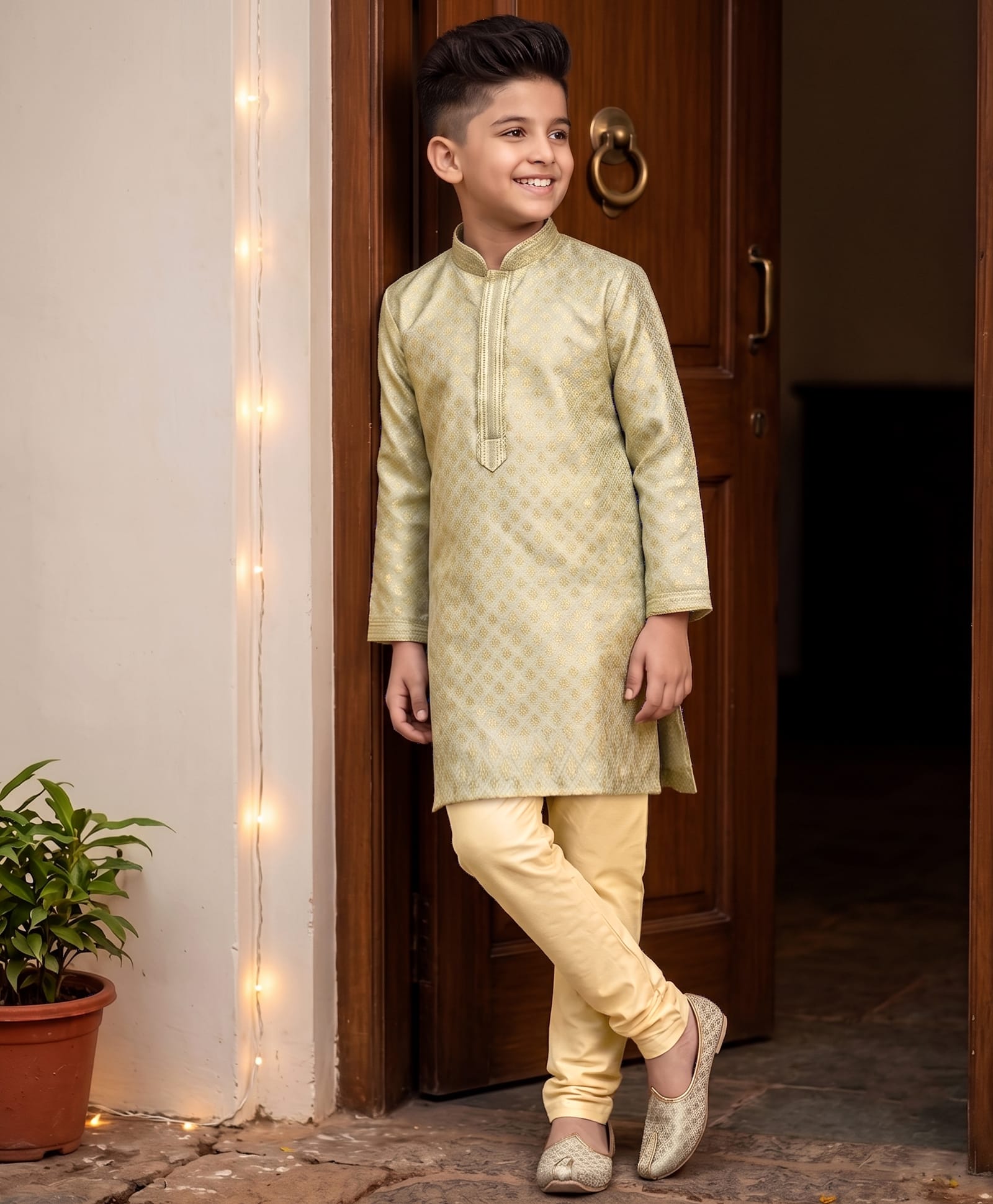 Robo Fry Silk Woven Full Sleeves Kurta Pyjama Set with Chateau Brocade Pattern - Olive Green-picture-19