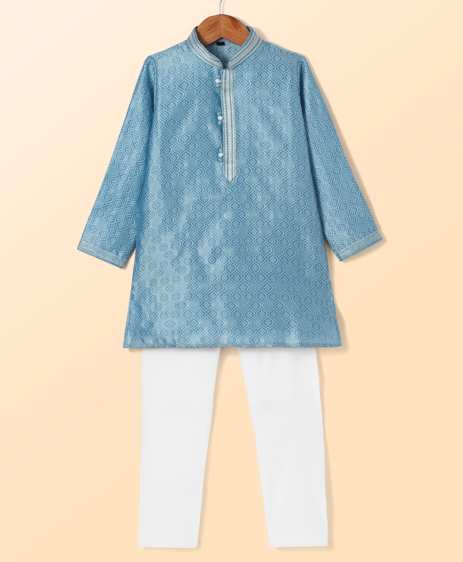 Robo Fry Silk Woven Full Sleeves Floral Textured Kurta & Pyjama Set - Light Blue-picture-10