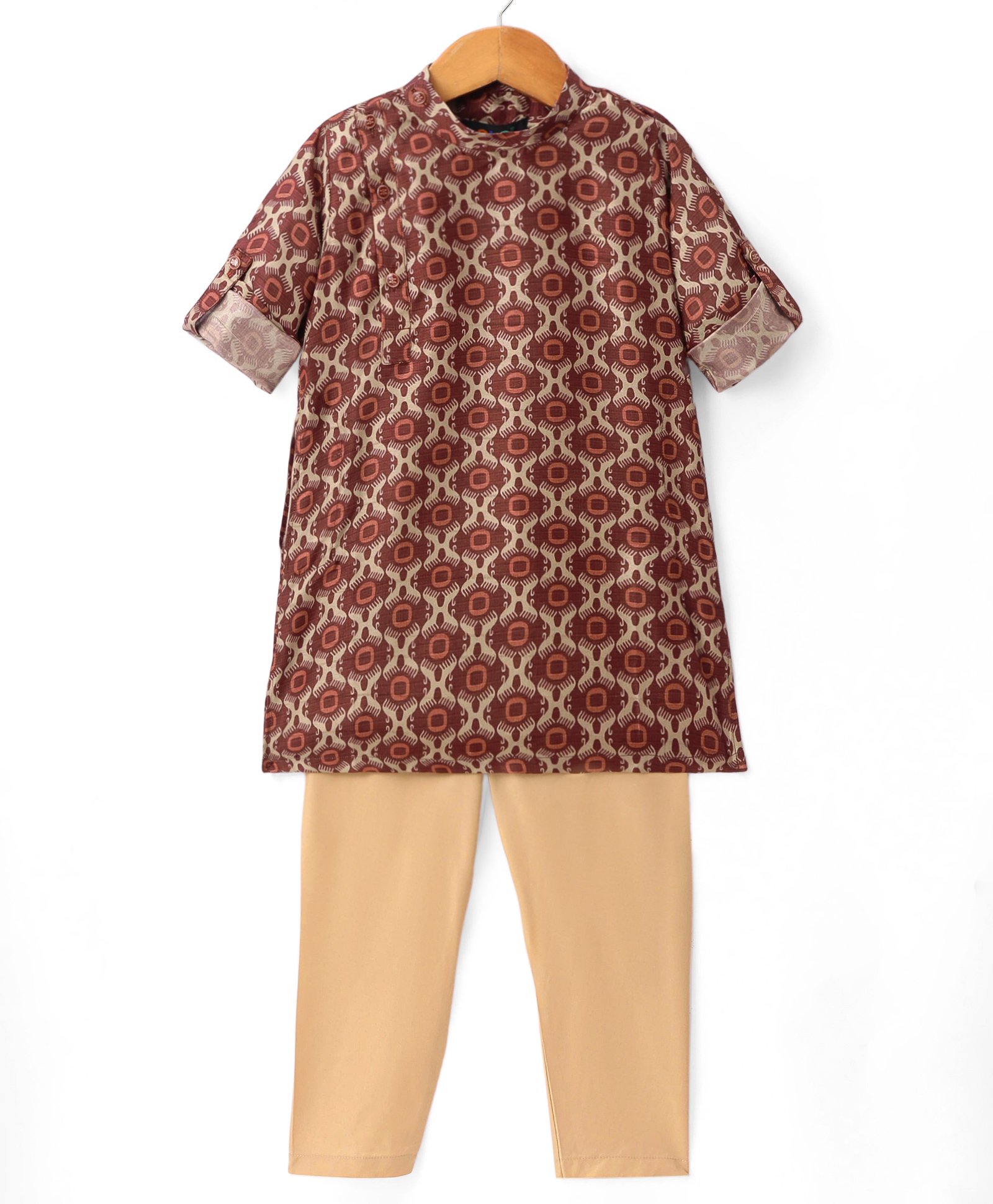 Robo Fry Silk Woven Full Sleeves Block Printed Kurta Pyjama Set - Burgandy-picture-19