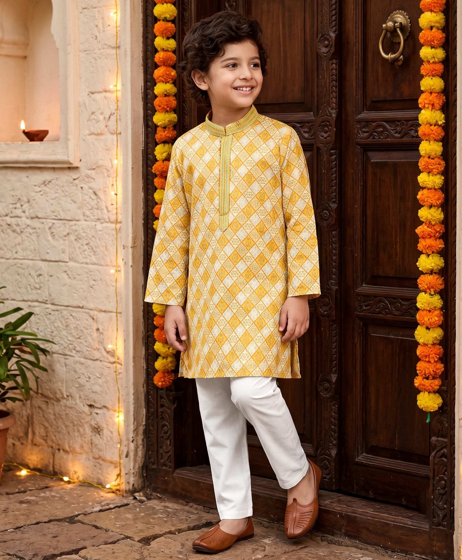 Robo Fry Silk Woven Full Sleeves Kurta Pyjama Set with Paisley Print - Golden-picture-13