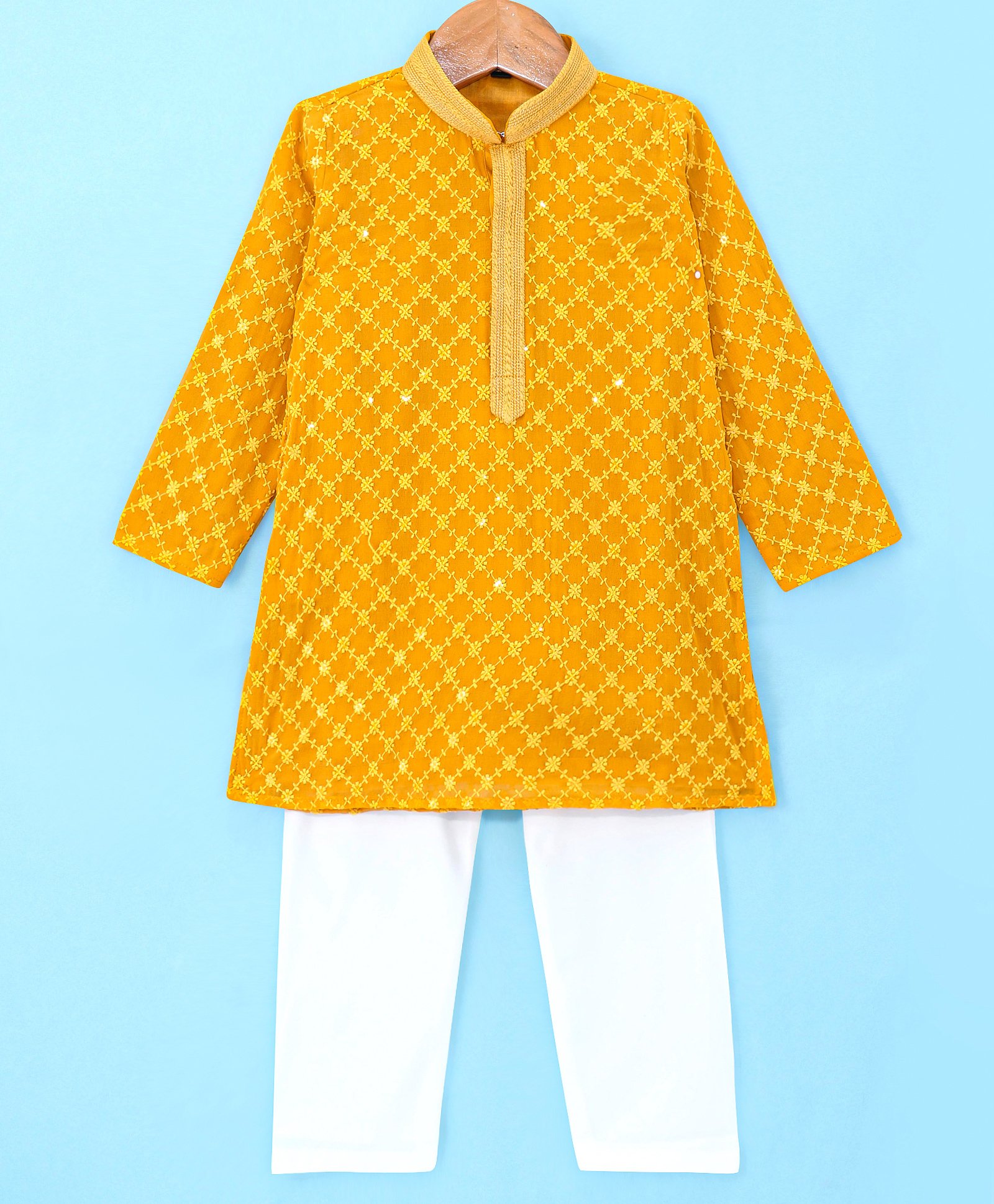 Robo Fry Woven Full Sleeves Kurta Pyjama Set with Floral Embroidery - Mustard-picture-24