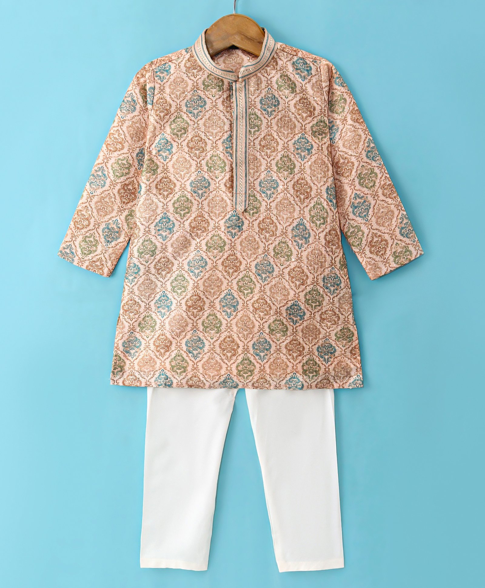 Robo Fry Silk Woven Full Sleeves Kurta Pyjama Set with Chateau Brocade Pattern - Light Brown-picture-20