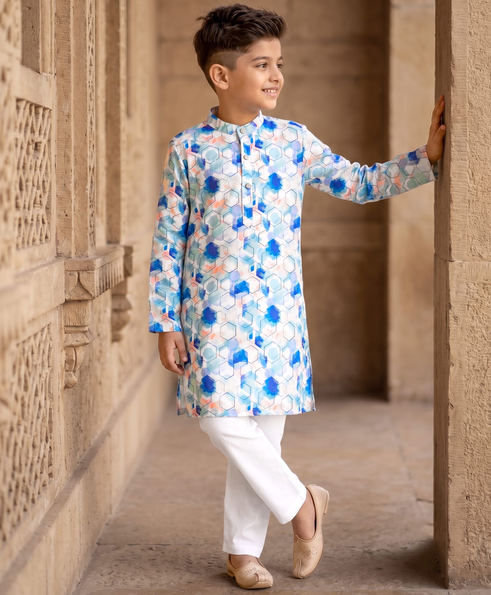 Robo Fry Silk Woven Full Sleeves Abstract & Foil Print Kurta Pyjama Set - Blue-picture-22