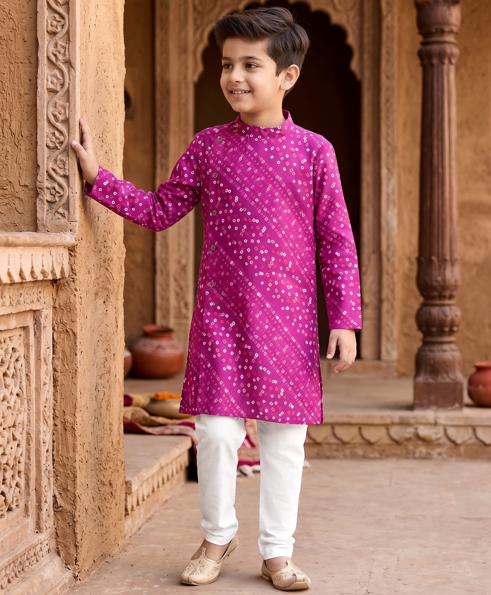 Robo Fry Silk Woven Full Sleeves Kurta Pyjama Set with Bandhani Print- Pink & Plum-picture-23
