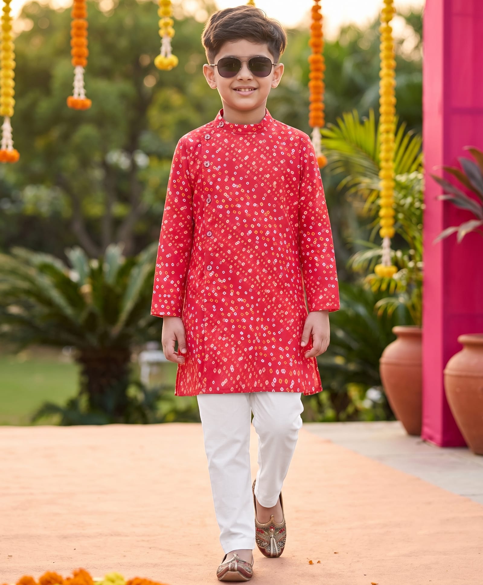Robo Fry Silk Woven Full Sleeves Kurta Pyjama Set with Bandhani Print- Red-picture-20