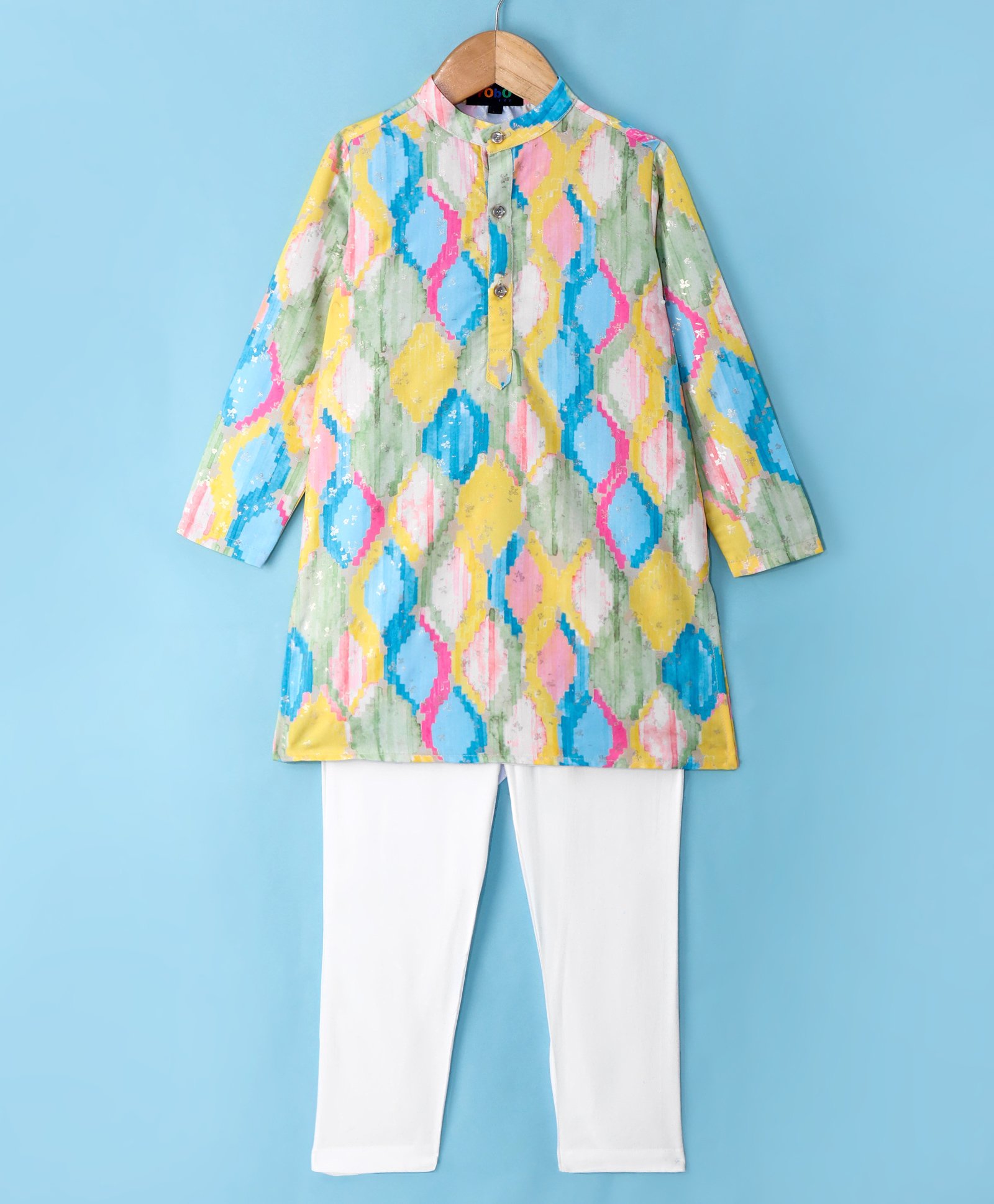 Robo Fry Silk Woven Full Sleeves Kurta Pyjama Set with Colour Block Design - Multicolour-picture-14