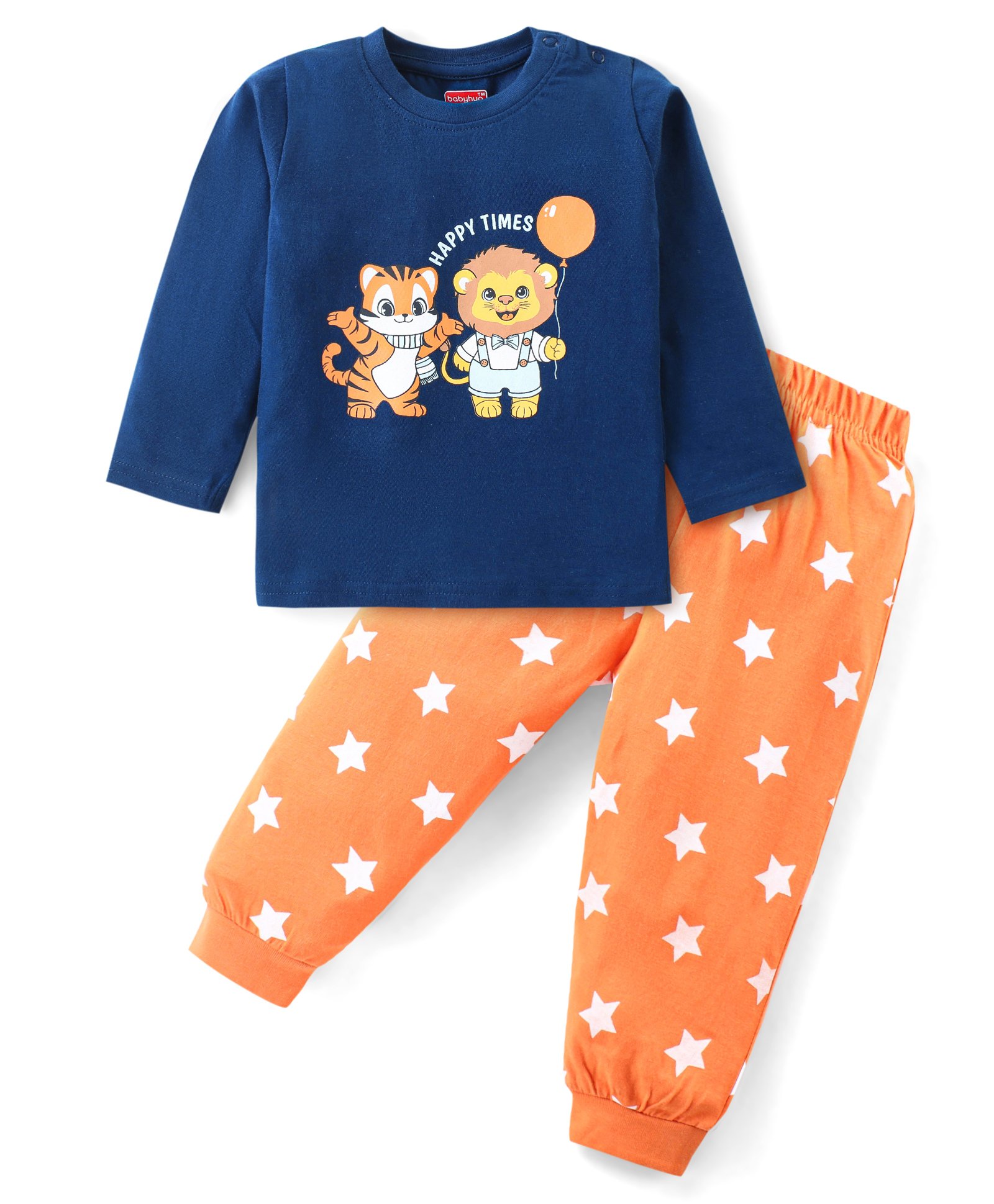 Babyhug Cotton Knit Full Sleeves Night Suit With Animals & Stars Print - Blue & Orange-image-16