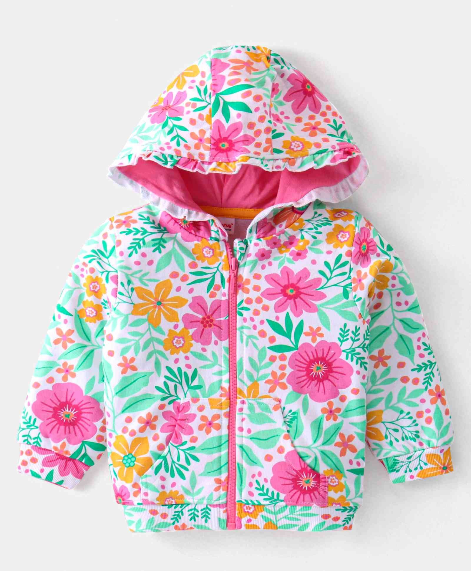 Babyhug Cotton Knit Full Sleeves Front Open Hooded Sweatjacket with Floral Print & Kangaroo Pockets - Pink-image-44