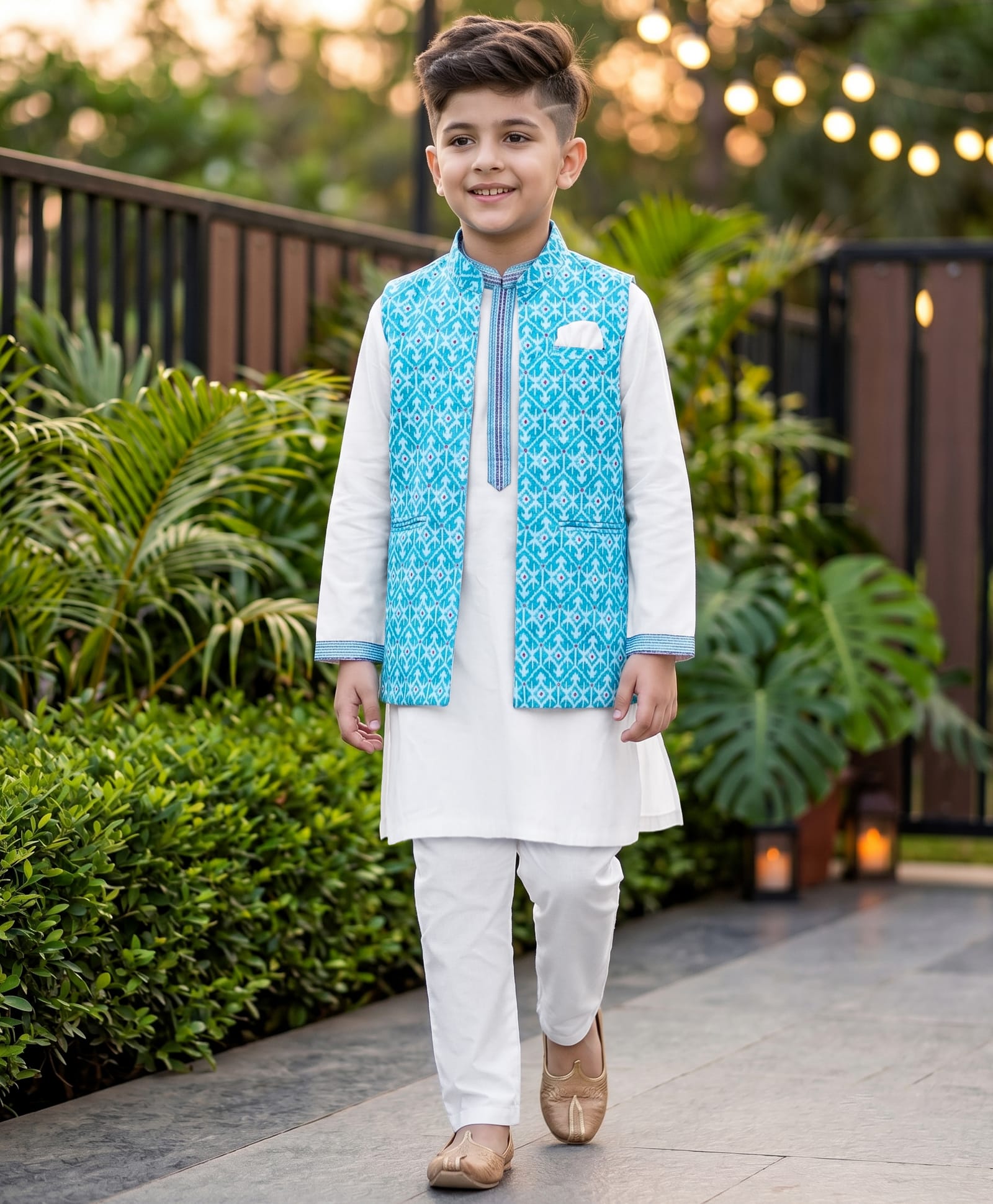 Robo Fry JacquardWoven Full Sleeves Solid Colour Kurta Pyjama Set with Printed Nehru Jacket - Aqua Blue-image-43