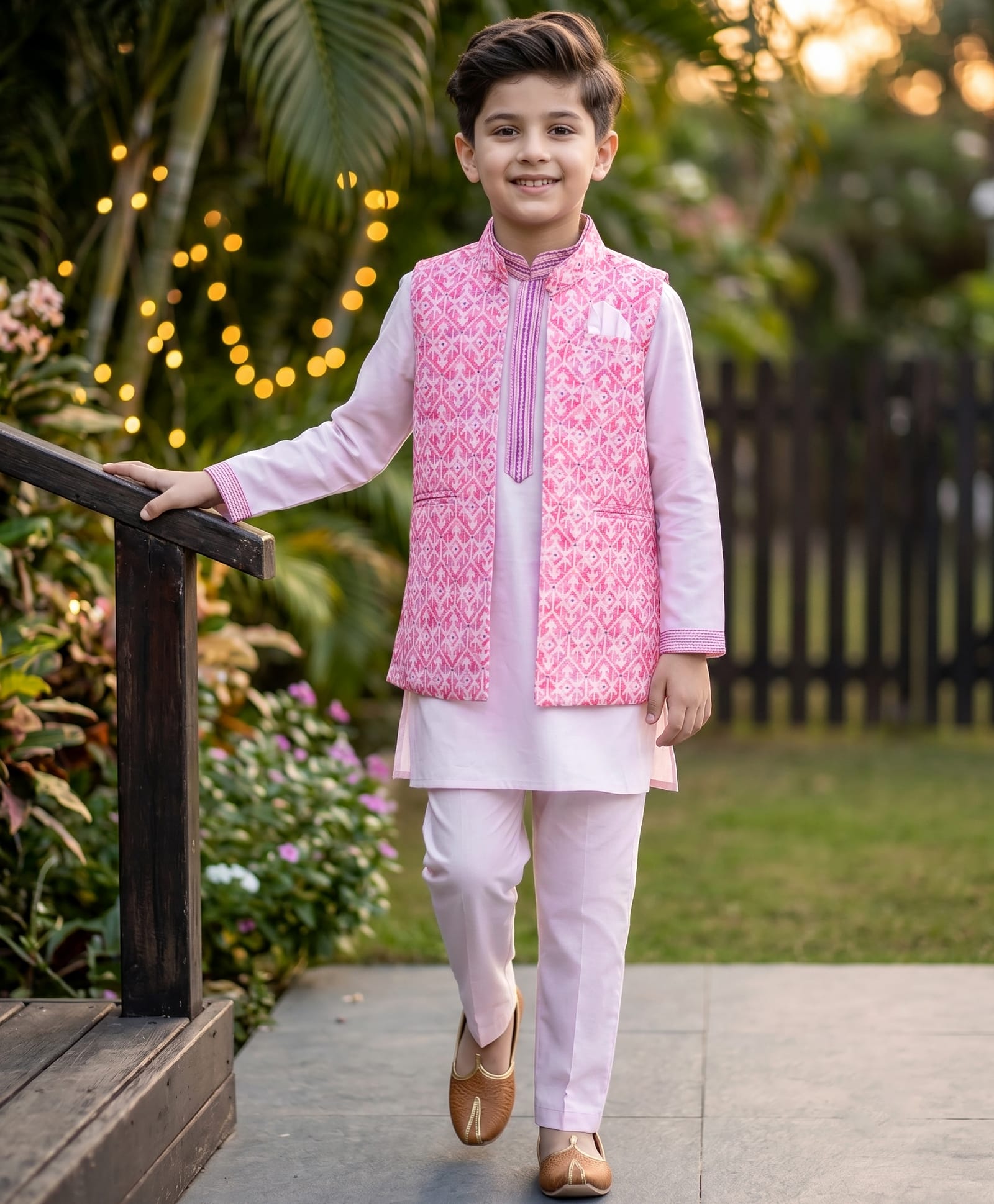 Robo Fry JacquardWoven Full Sleeves Solid Colour Kurta Pyjama Set with Printed Nehru Jacket - Pink-picture-16