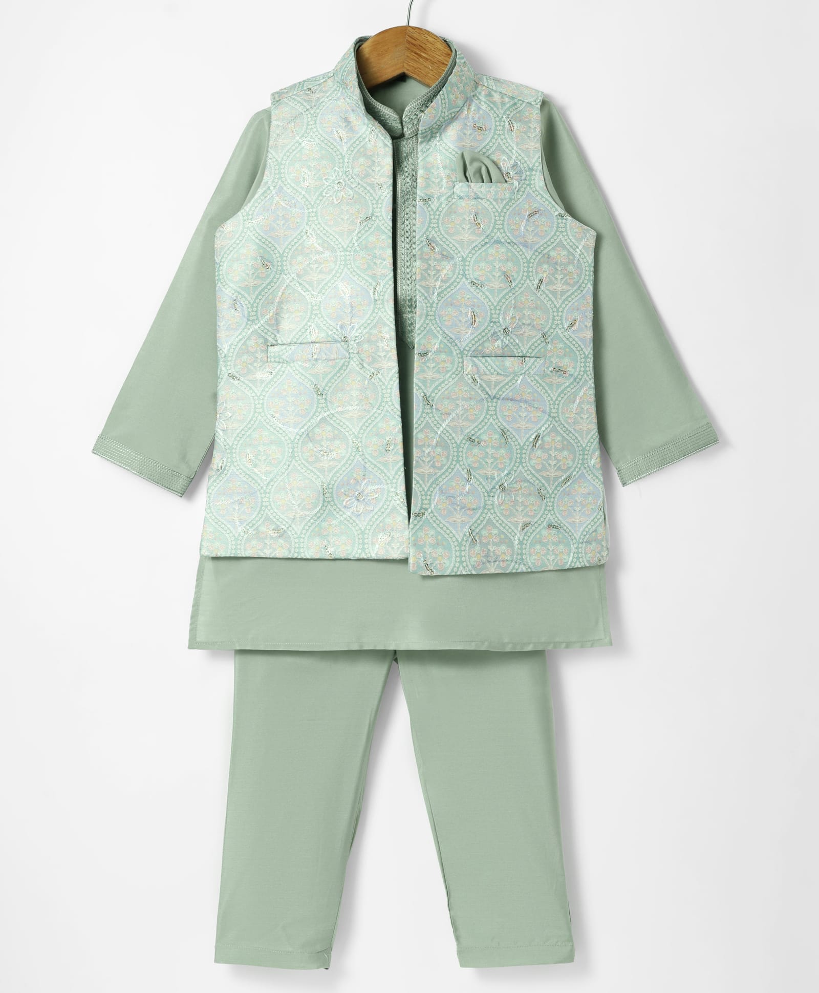 Robo Fry Jacquard Woven Full Sleeves Kurta Pyjama Set with Floral PrintSequinned & Embroidered Jacket - Mint-picture-27