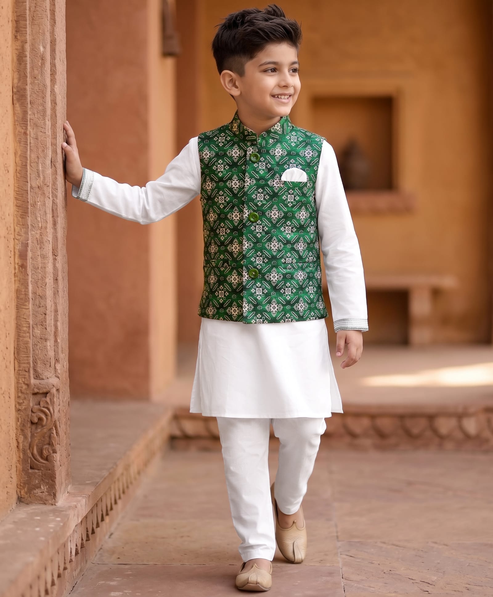 Robo Fry Jacquard Woven Full Sleeves Kurta Pyjama Set with Printed Jacket - Green & White-picture-25