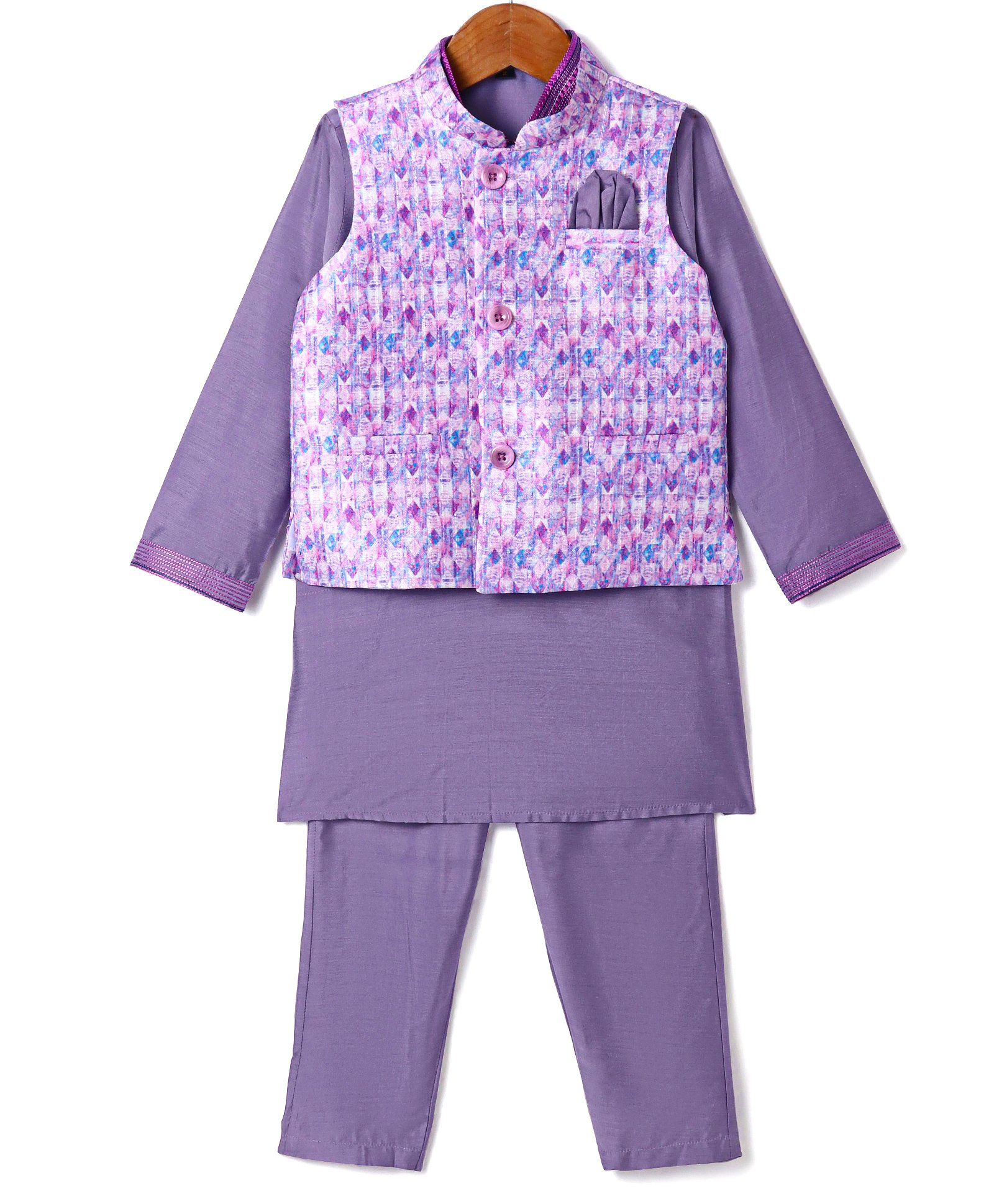 Robo Fry Jacquard Woven Full Sleeves Kurta Pyjama Set with Abstract Print Jacket - Lilac-picture-21