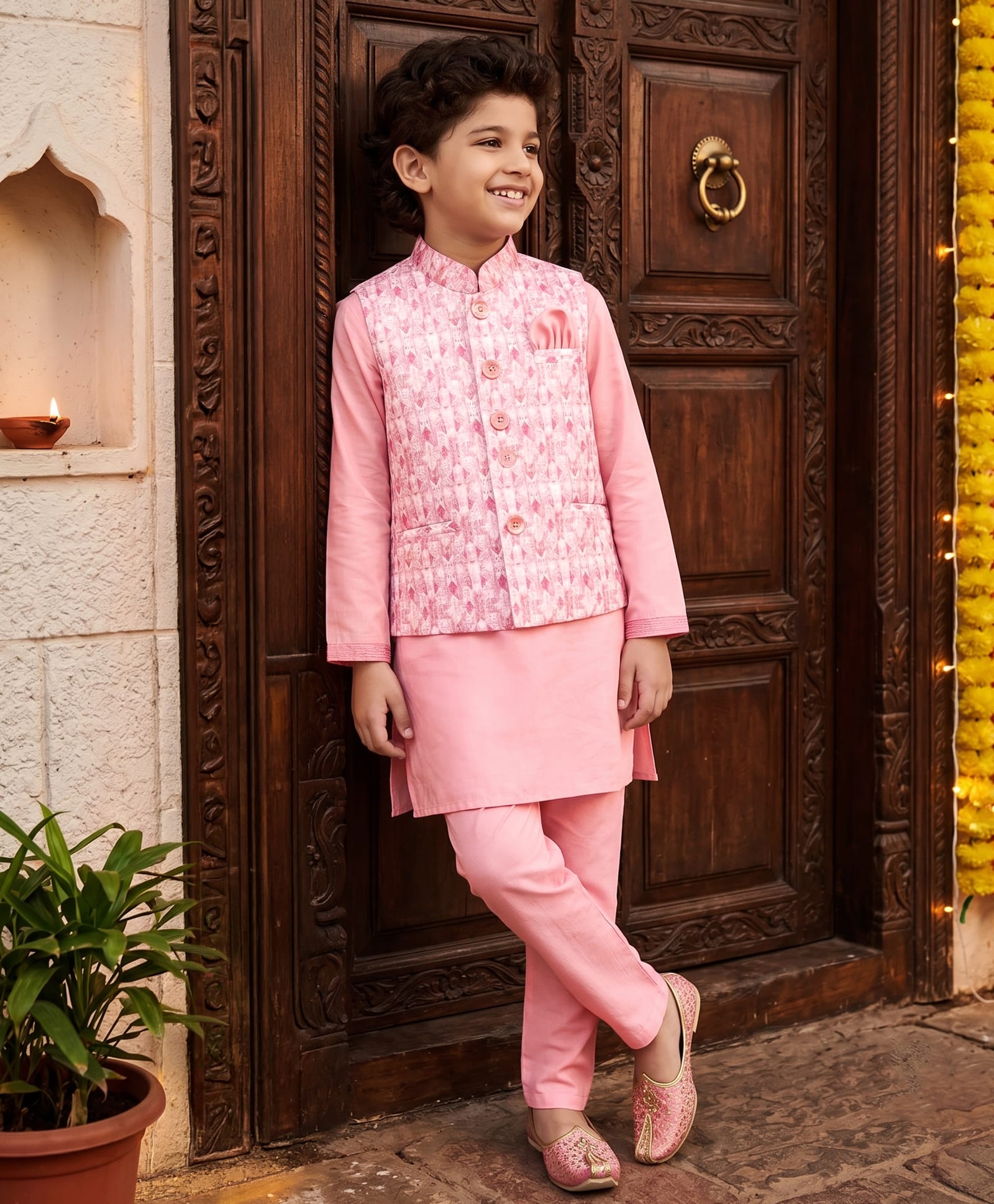 Robo Fry Jacquard Woven Full Sleeves Kurta Pyjama Set with Abstract Print Jacket - Pink-picture-24