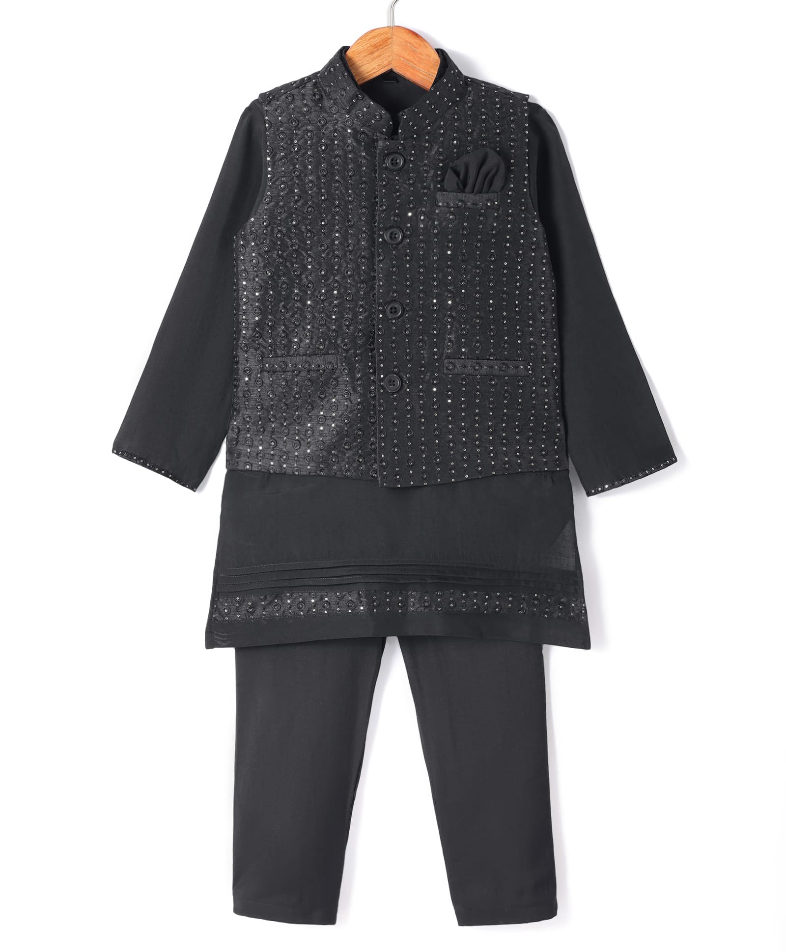 Robo Fry Silk Woven Full Sleeves Solid Colour Kurta Pyjama Set with Sequined Embroidered Nehru Jacket - Black-picture-11