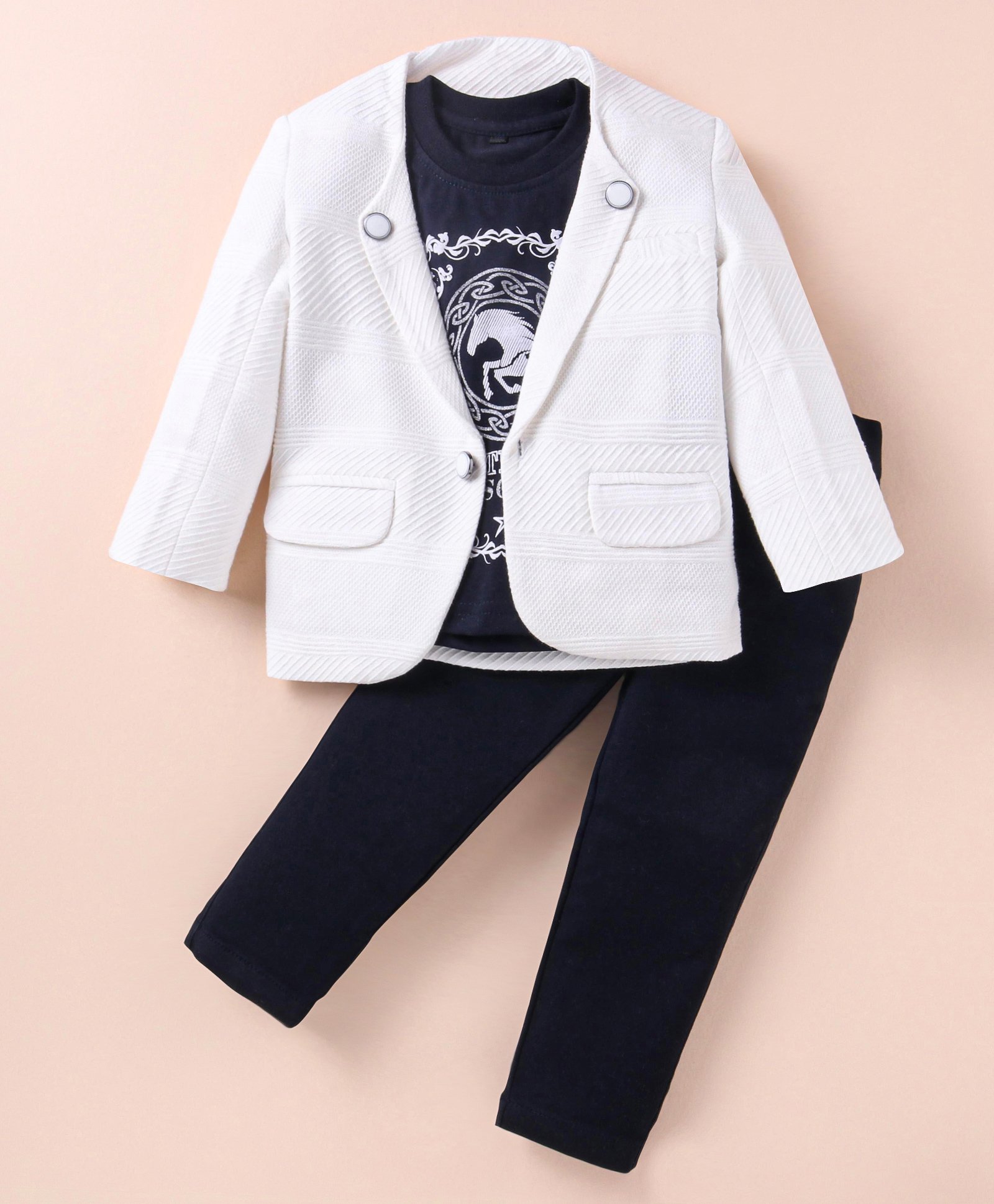 Robo Fry Knit Full Sleeves Blazer With Text Printed T-Shirt & Trouser Set - Cream-picture-12