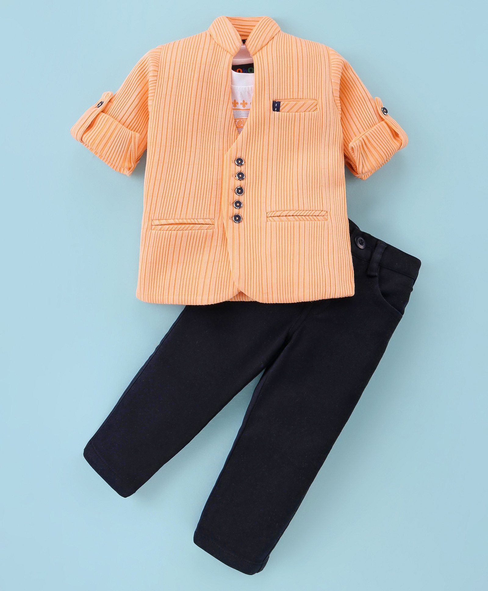 Robo Fry Lycra Knit Full Sleeves Blazer with T-Shirt & Trouser Set - Orange-picture-21