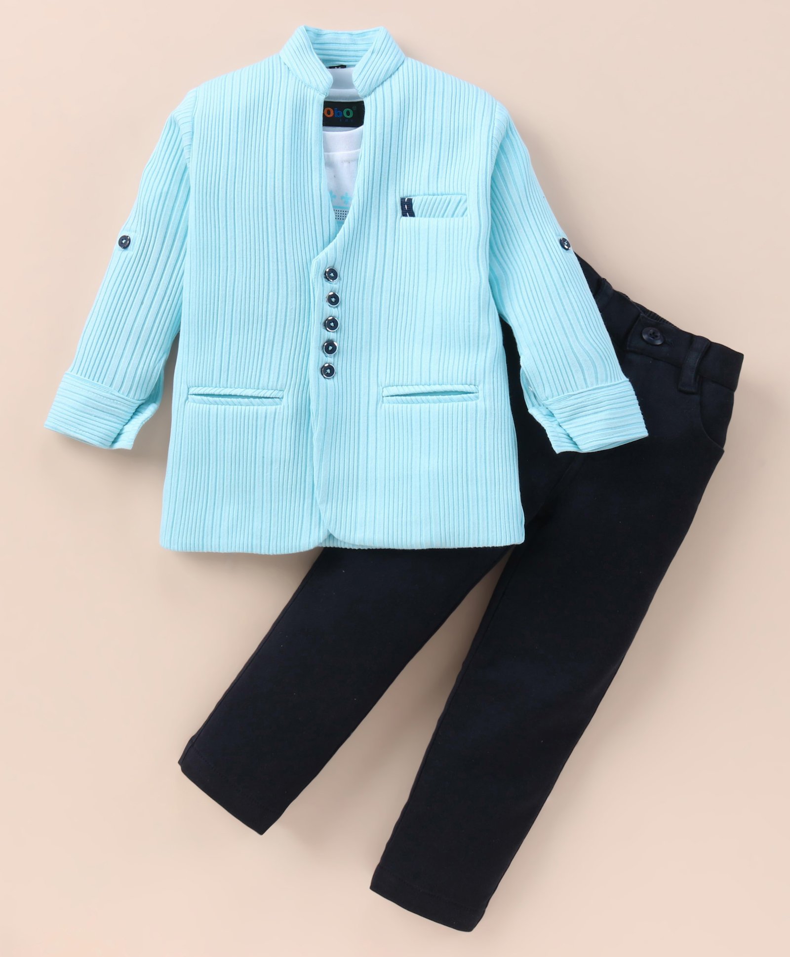 Robo Fry Lycra Knit Full Sleeves Blazer with T-Shirt & Trouser Set - Sky Blue-picture-24
