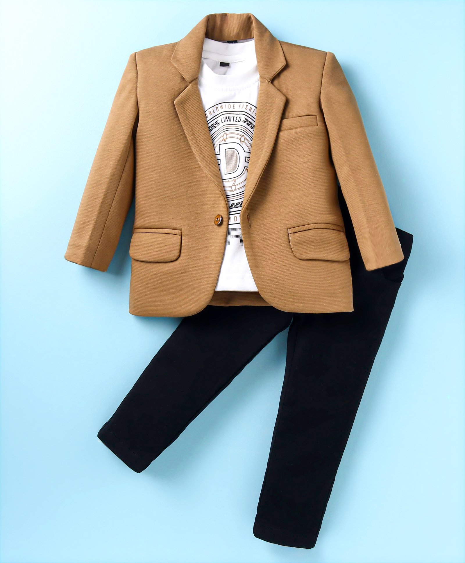 Robo Fry Knit Full Sleeves Blazer With Text Printed T-Shirt & Trouser Set - Tan-picture-11