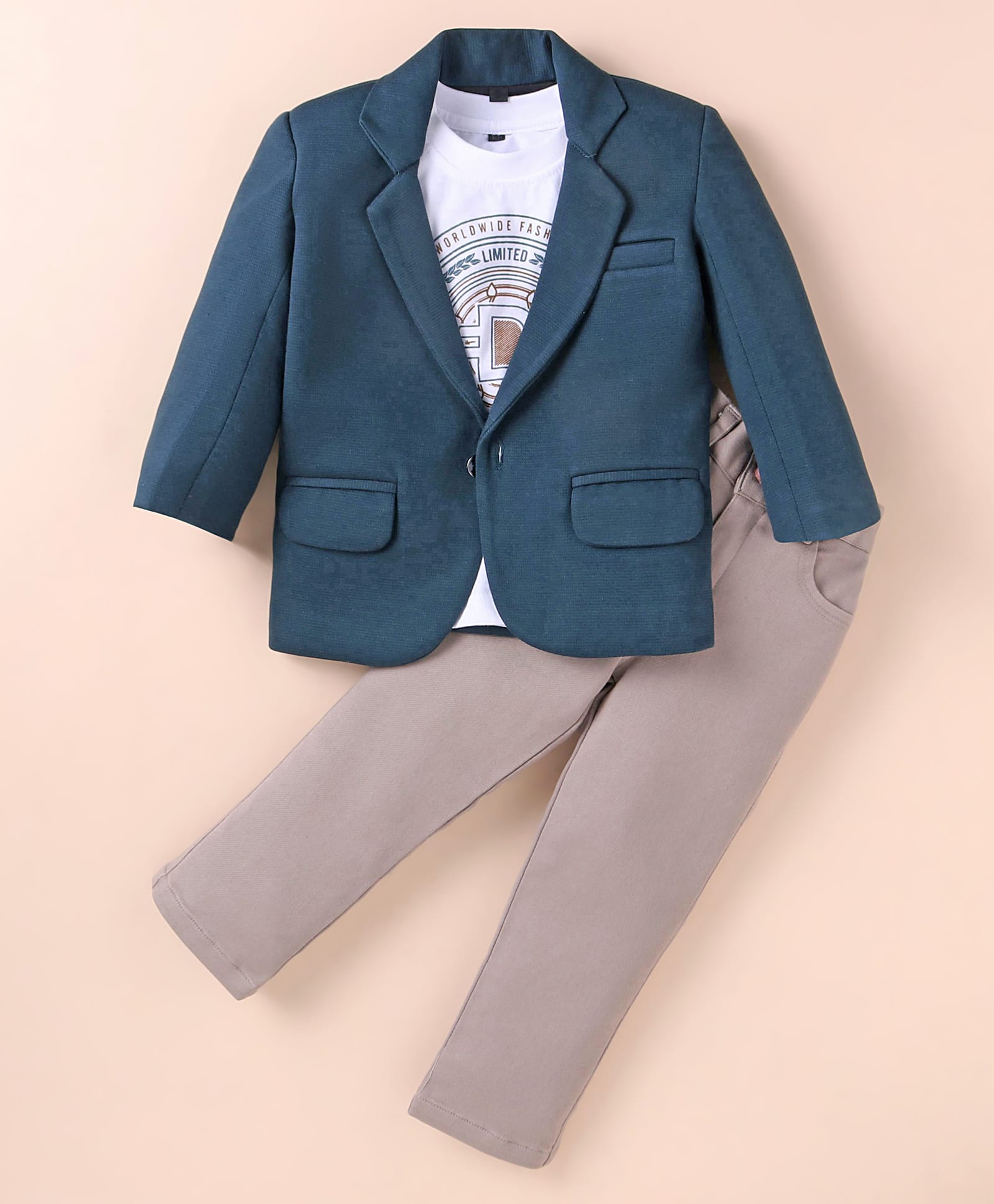 Robo Fry Knit Full Sleeves Blazer With Text Printed T-Shirt & Trouser Set - Teal Blue-image-12