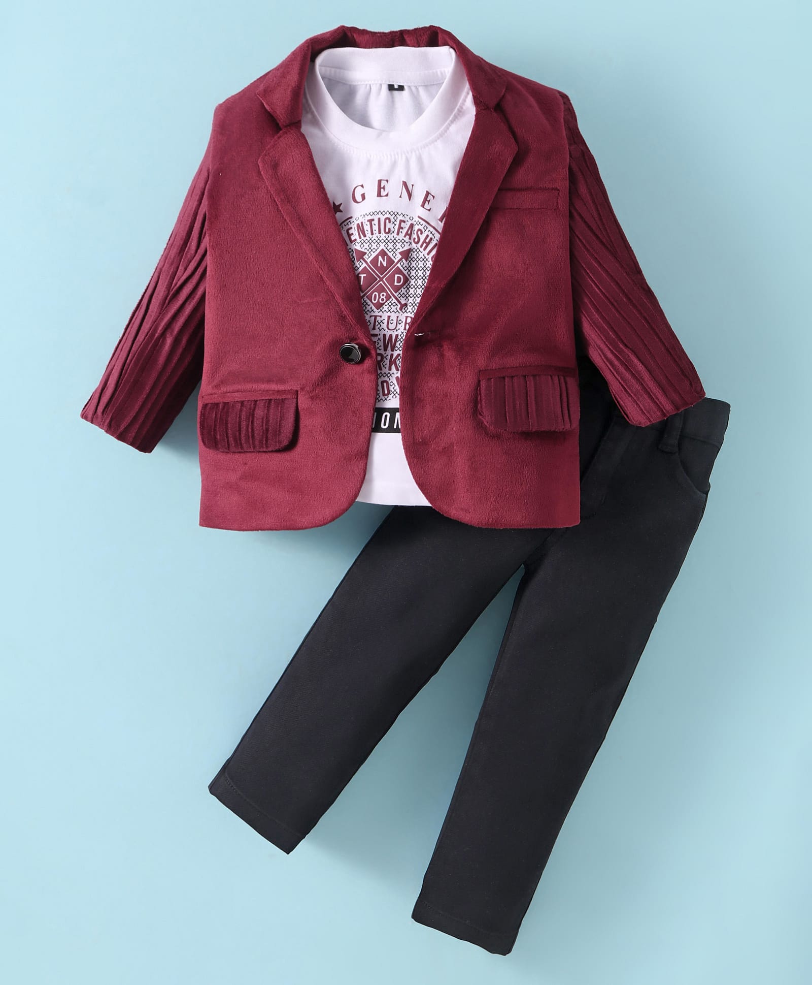 Robo Fry Knit Full Sleeves Blazer With Text Printed T-Shirt & Trouser Set - Maroon-picture-15