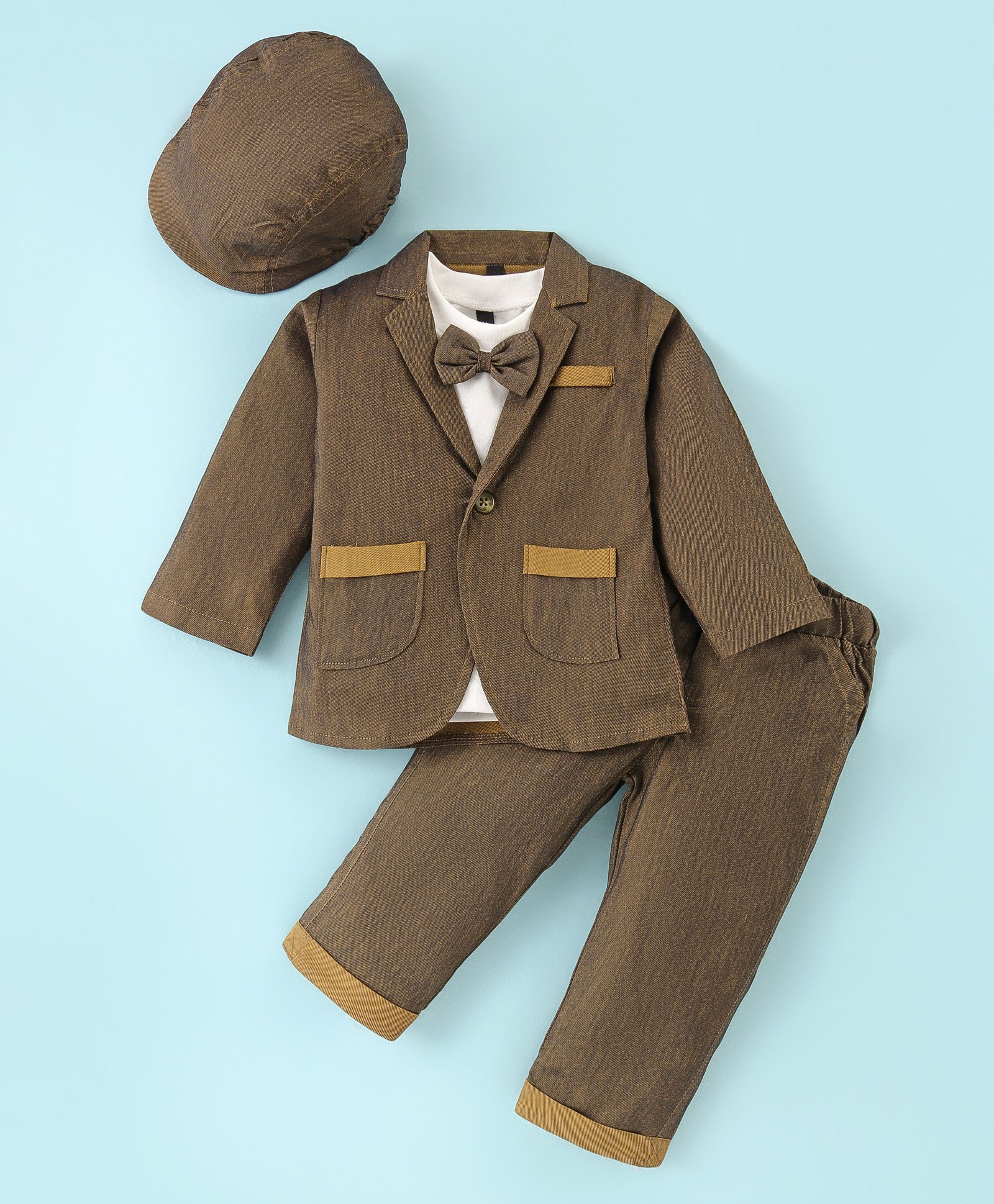 Robo Fry Knit Full Sleeves Solid Blazer T-Shirt & Trouser Set with Attached Bow & Hat- Olive Green-picture-17