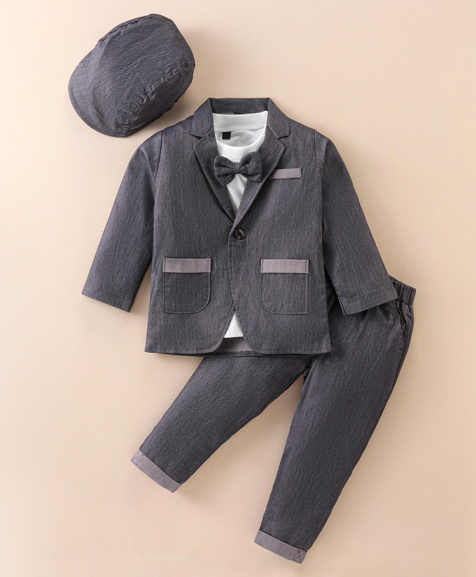 Robo Fry Lycra Knit Solid Colour Full Sleeves BlazerT-Shirt & Trouser Set with Attached Bow & Hat - Grey-image-40