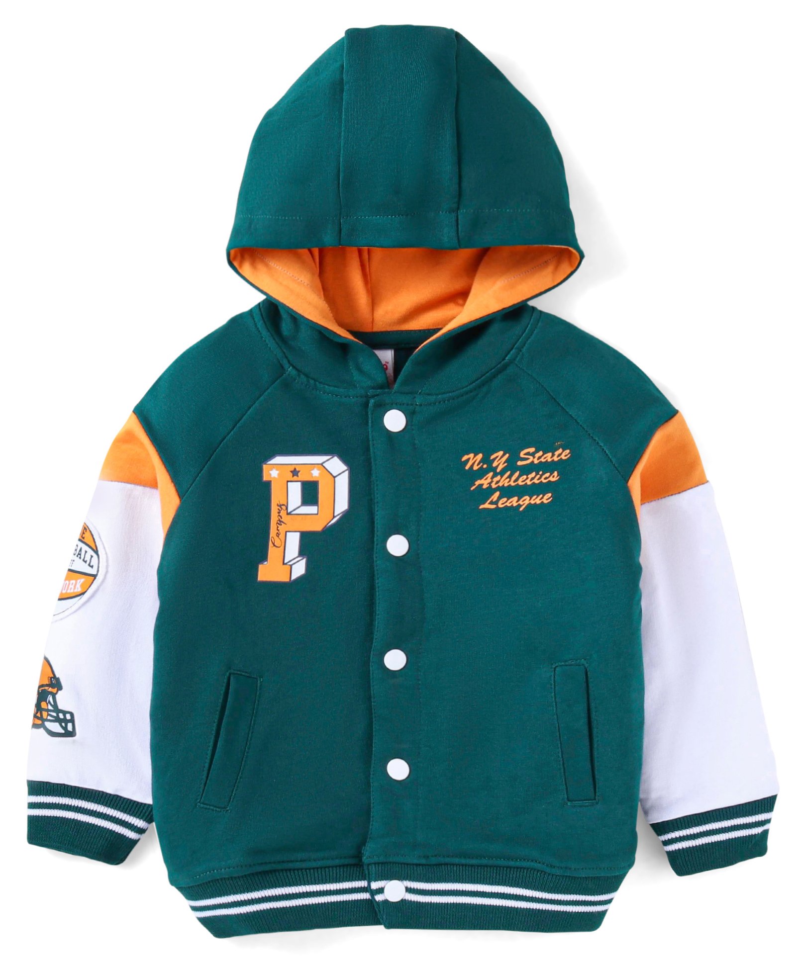 Babyhug Cotton Knitted Full Sleeves Bomber Hooded Jacket With Text Print & Badge Detailing - Green-picture-25