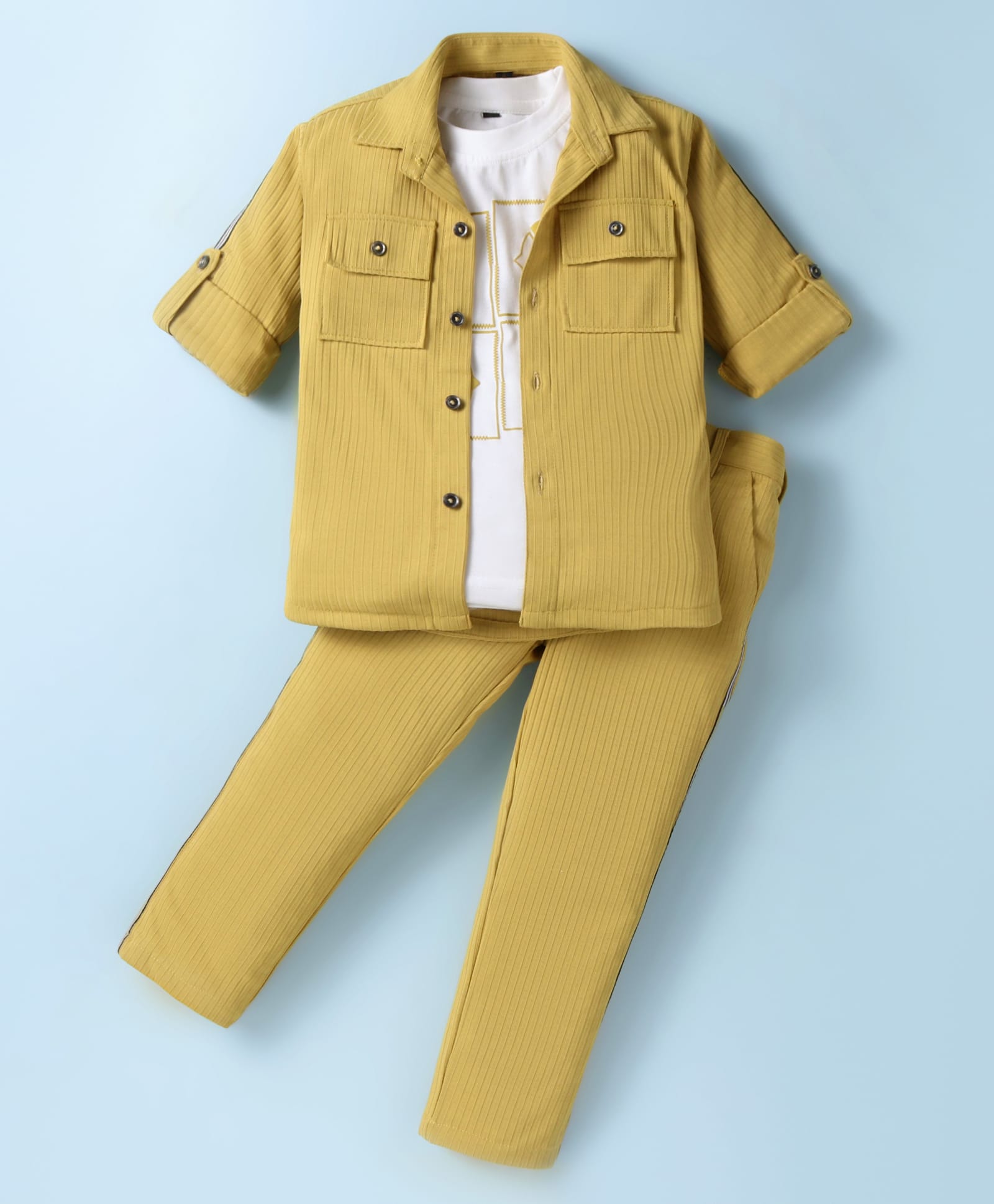 Robo Fry Knit Full Sleeves Solid Colour Shirt & Trouser Set With Text Printed T-Shirt - Mustard-image-31