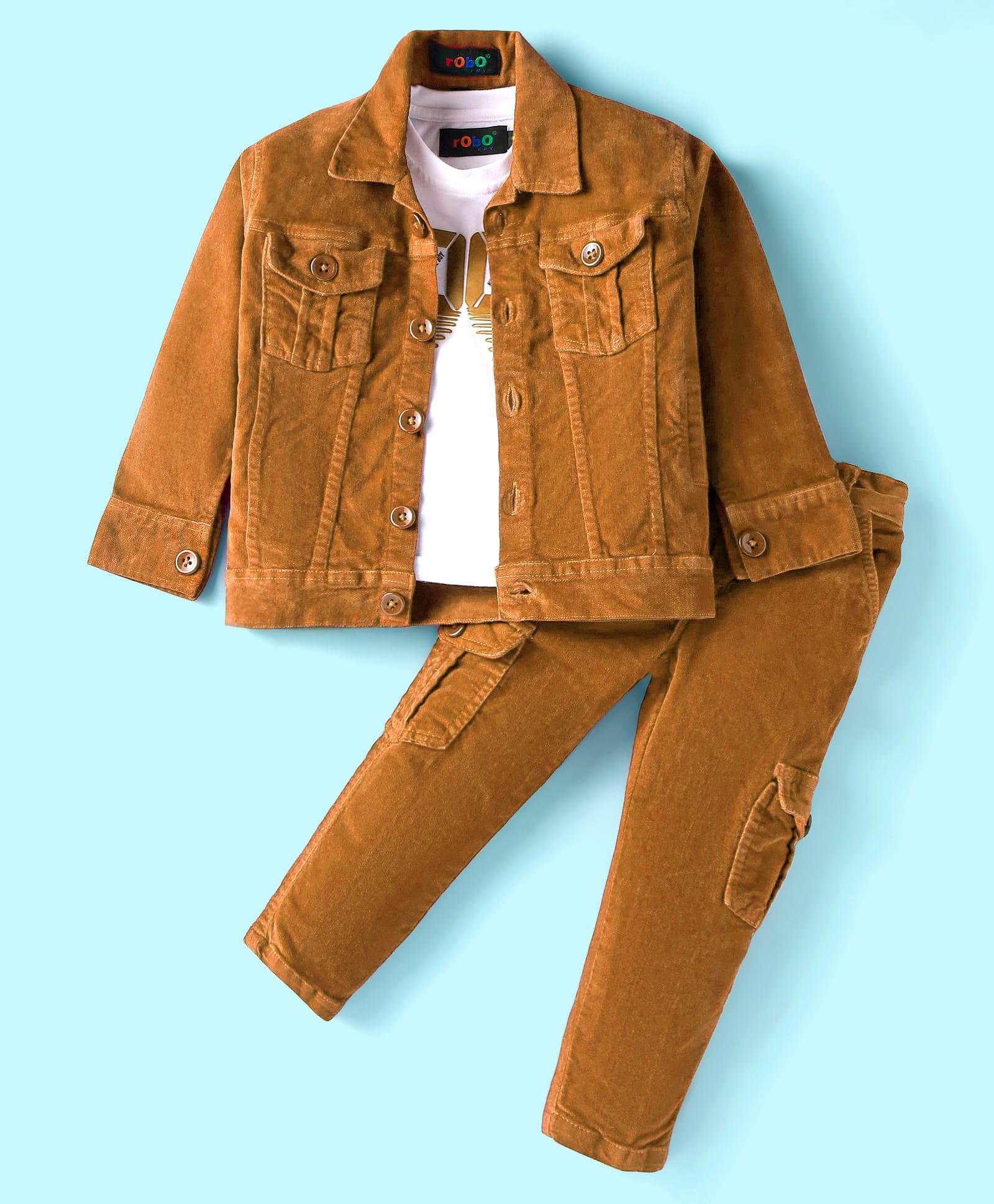 Robo Fry Velvet Knit Full Sleeves Solid ShirtT-Shirt & Trouser Set with Text Patch - Mustard-image-23