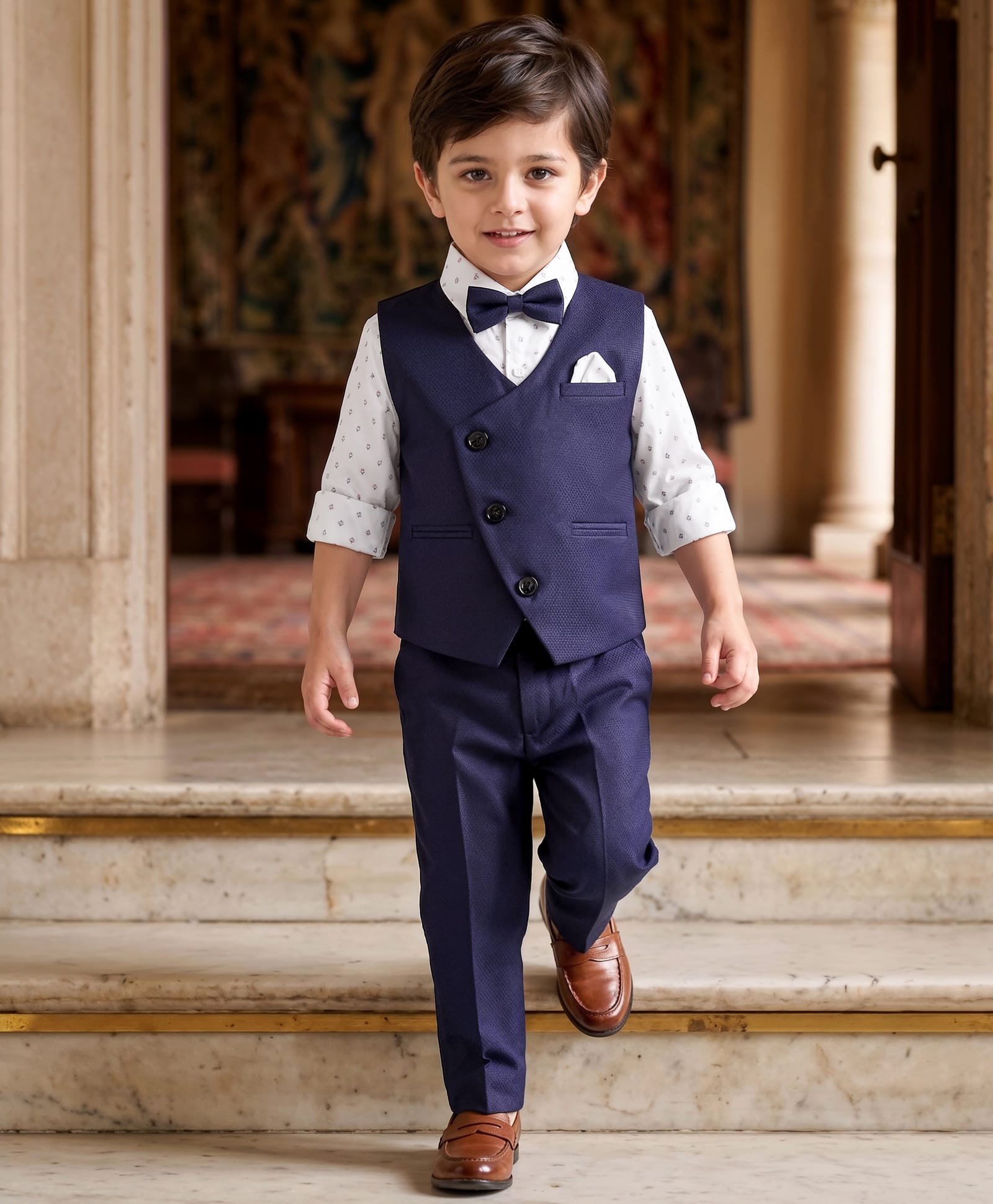 Robo Fry Knit Full Sleeves Printed 3 Piece Party Suit with Bow - Navy Blue-picture-17