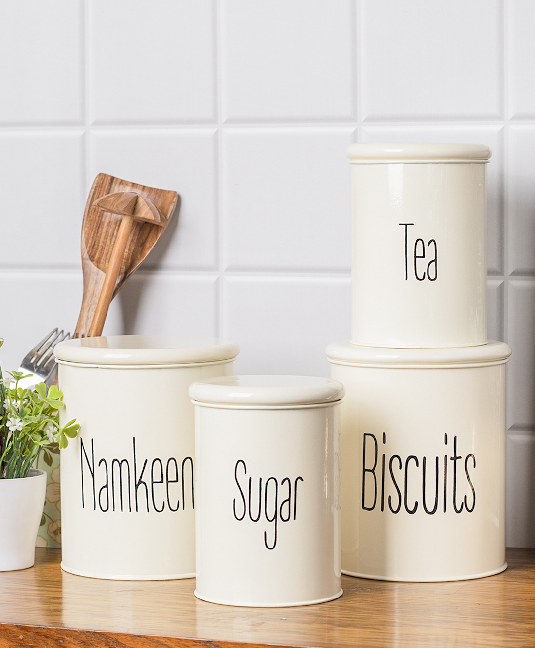 VONCASA Tea & Sugar Jar (Each 900 ml) +  Biscuits & Namkeen Jar (Each 1700 ml) - White, Set Of 4-image-13