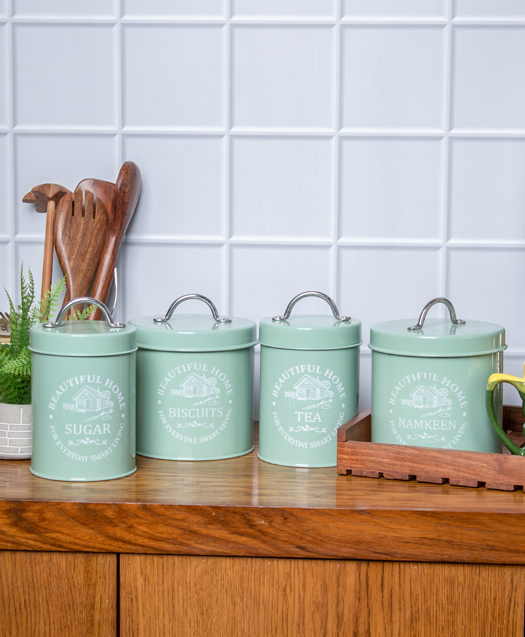 VONCASA Tea & Sugar Jar (Each 850 ml) + Biscuits & Namkeen Jar (Each 1300 ml) - Green, Set Of 4-image-12