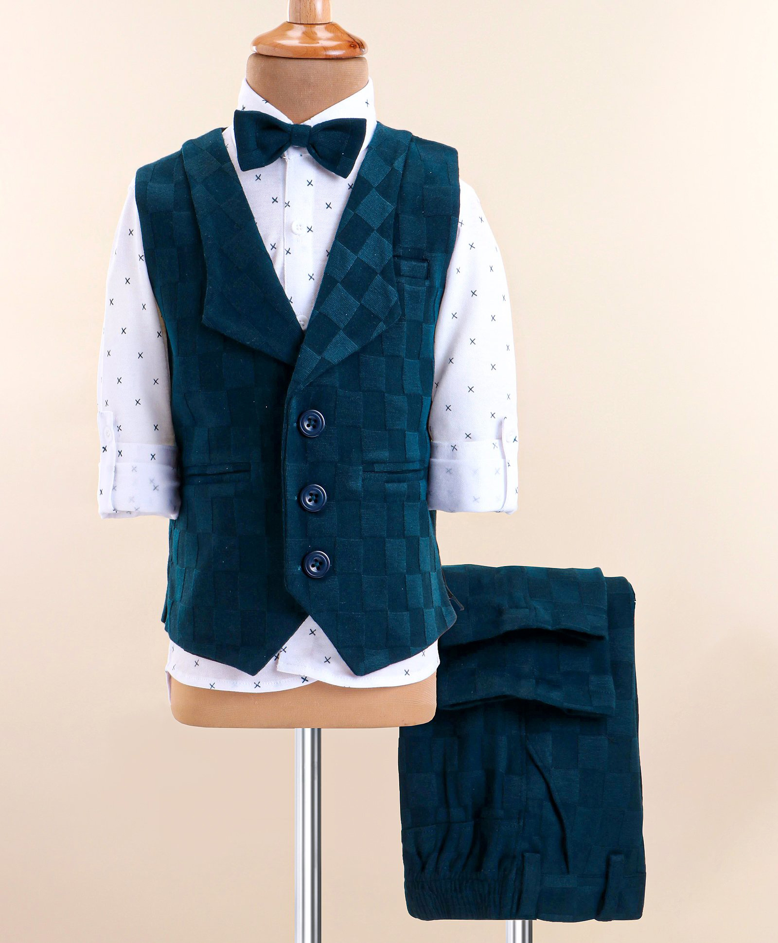 Robo Fry Knit Full Sleeves Printed 3 Piece Checkered Pattern Party Suit - Teal Blue-image-36
