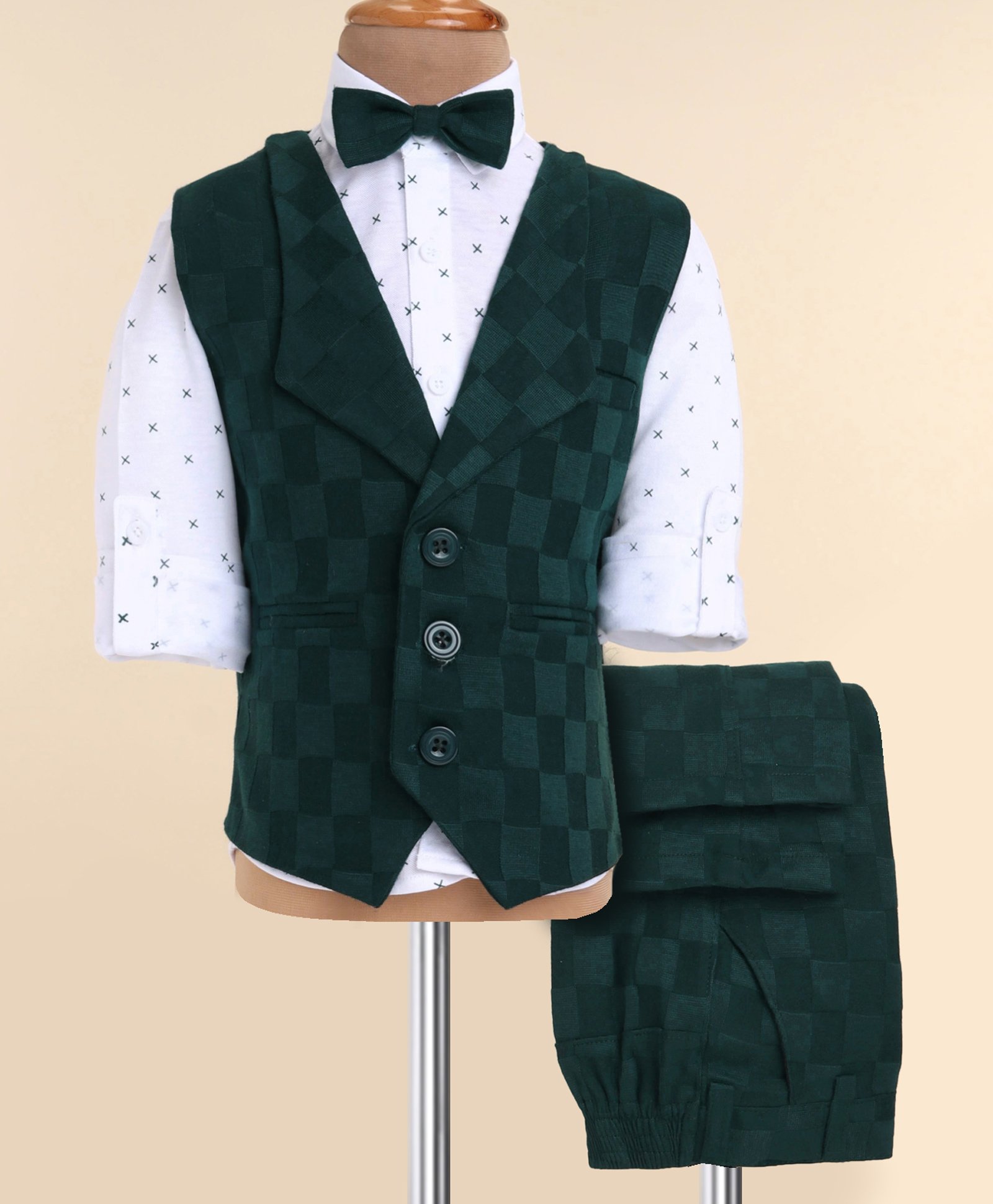 Robo Fry Knit Full Sleeves Printed 3 Piece Checkered Pattern Party Suit - Dark Green-picture-17