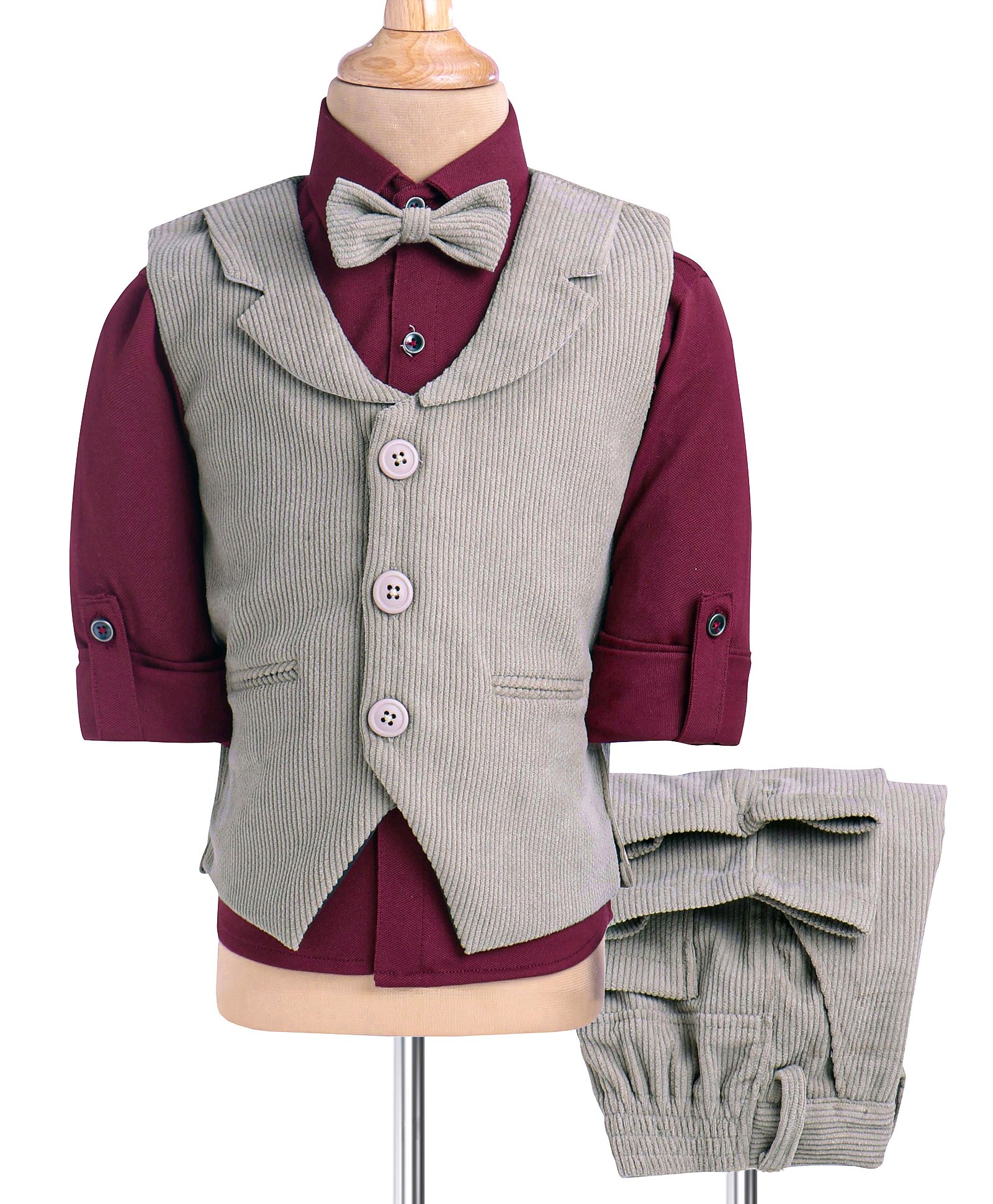 Robo Fry Knit Full Sleeves Solid Colour3 Piece Party Suit - Maroon & Beige-image-11