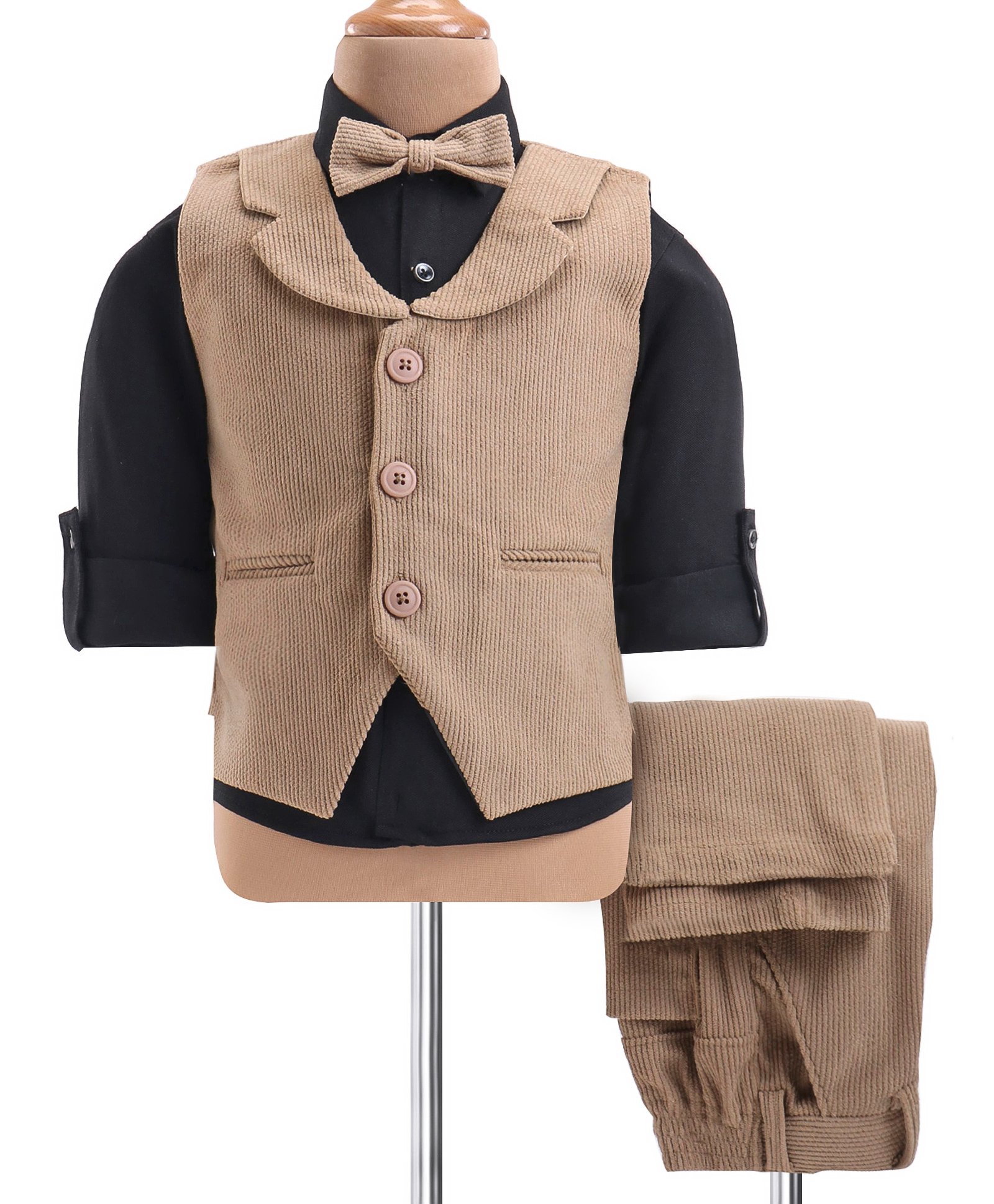 Robo Fry Knit Full Sleeves Solid Colour3 Piece Party Suit - Black & Tan-image-0