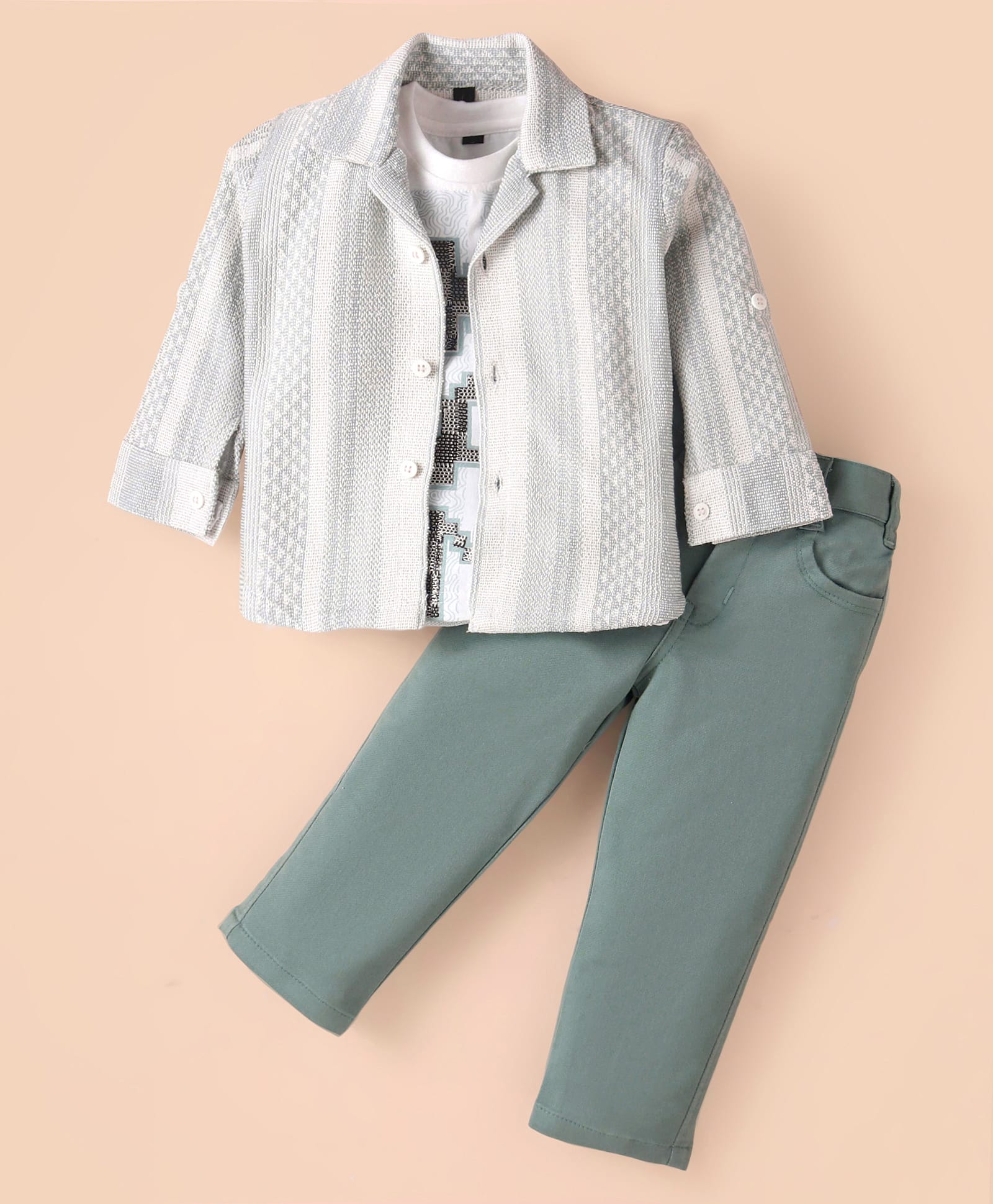 Robo Fry Knit Full Sleeves Party Shirt & Trouser Set With Text Printed T-Shirt - Off White-image-23