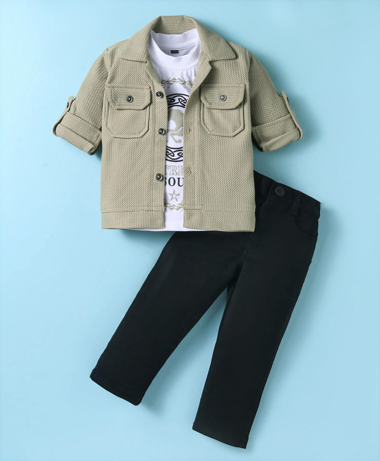 Robo Fry Knit Full Sleeves Solid Colour Shirt & Trouser Set with Printed T-Shirt - Olive Green-image-30
