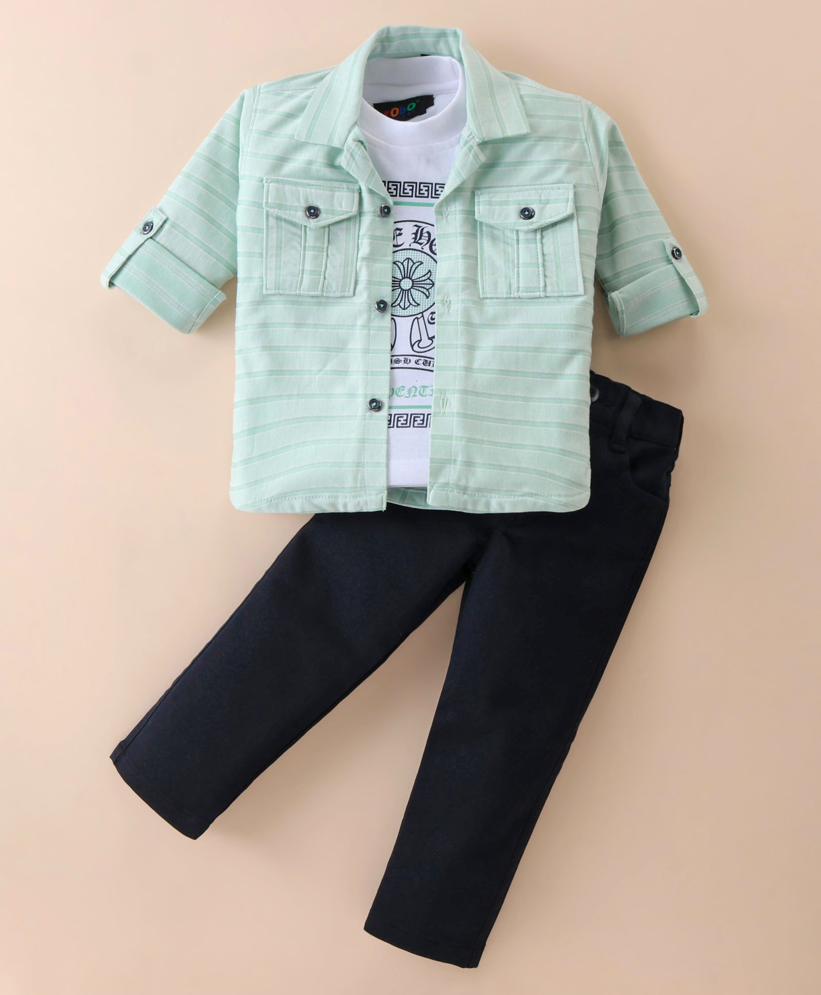 Robo Fry Knit Full Sleeves Party Shirt with Text Printed T-Shirt & Trouser Set -  Sea Green-picture-28