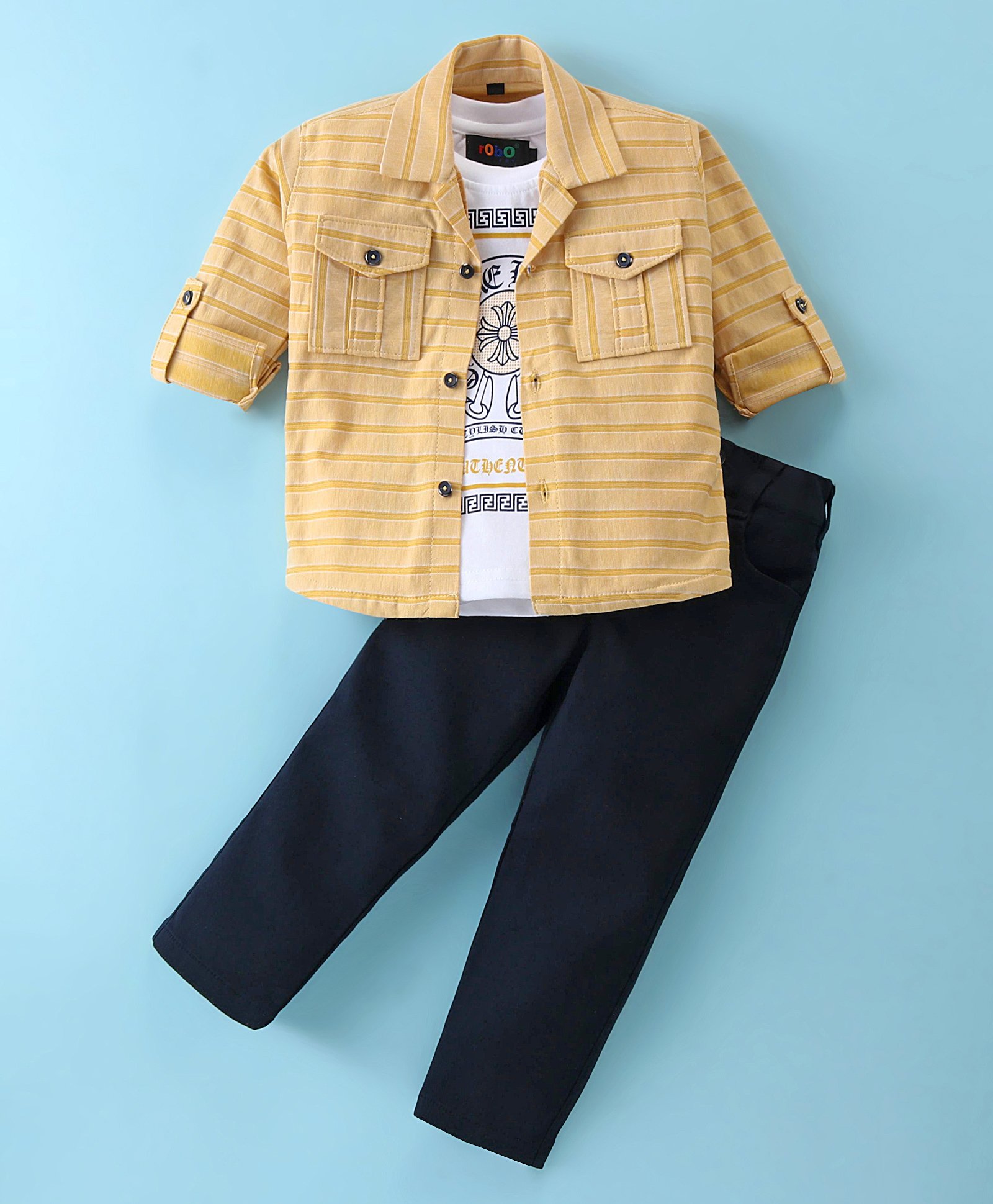 Robo Fry Knit Full Sleeves Party Shirt with Text Printed T-Shirt & Trouser Set -Yellow-image-14