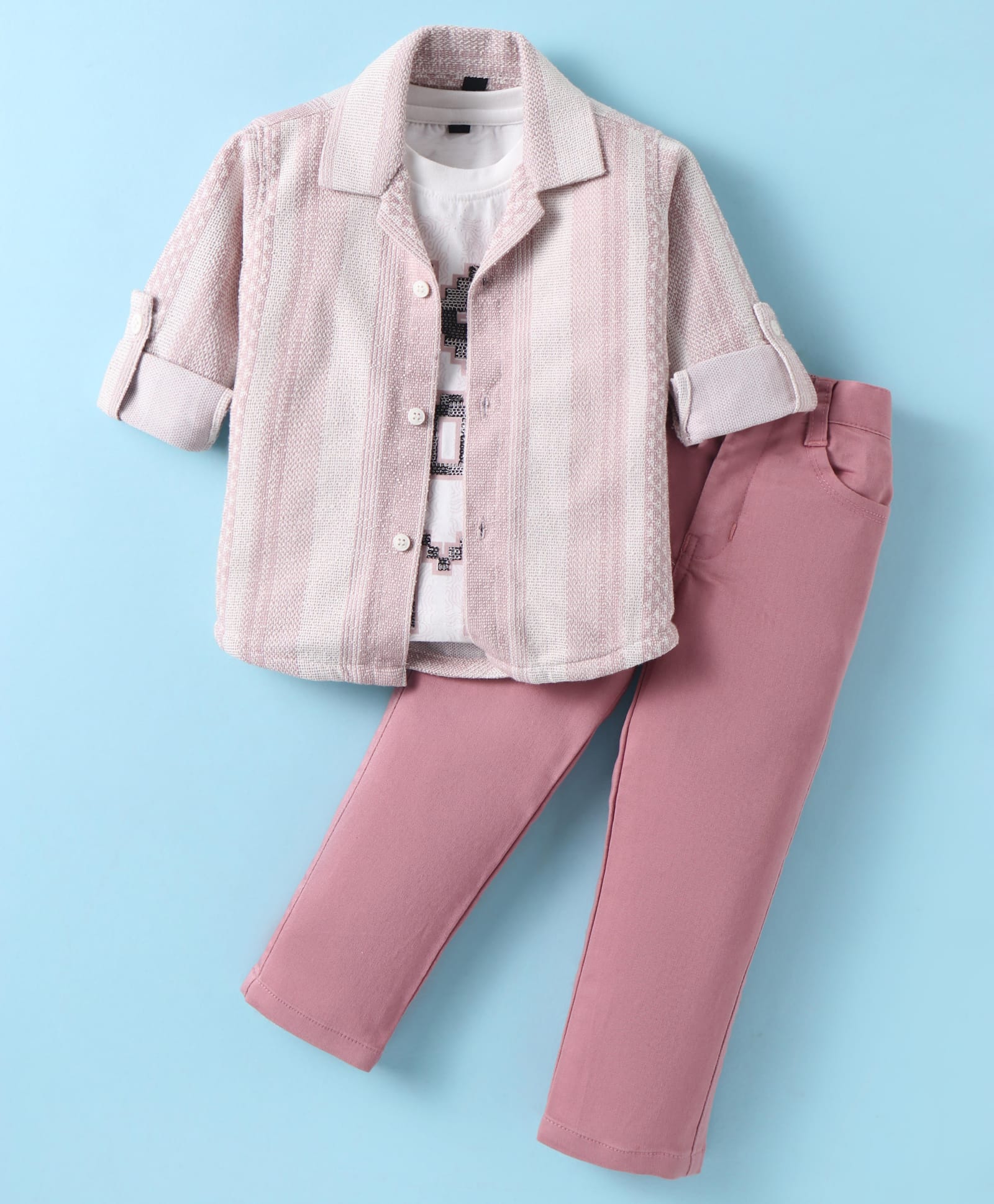 Robo Fry Knit Full Sleeves Party Shirt & Trouser Set With Text Printed T-Shirt - Pink-image-9