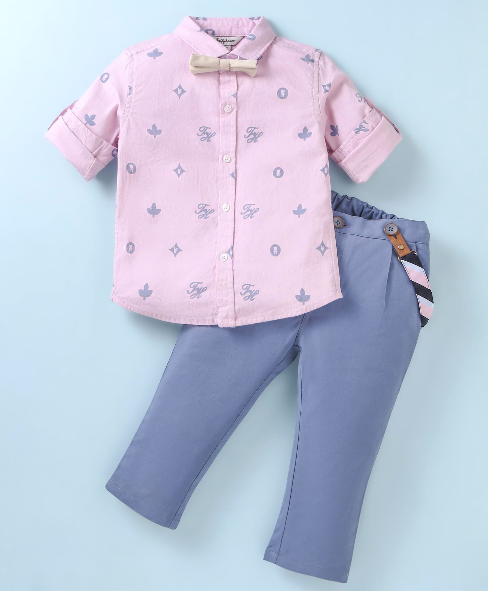 ToffyHouse Chambray Woven Full Sleeves Printed Party Shirt & Trouser With Bow & Suspender - Pink-picture-14