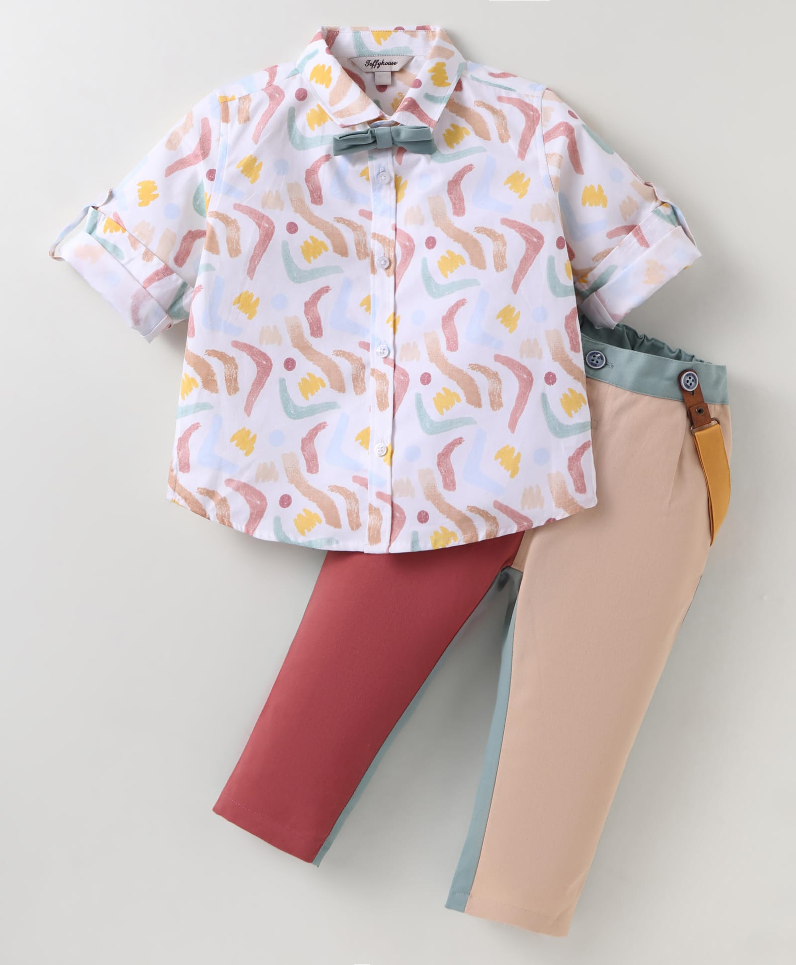 ToffyHouse 100% Cotton Woven Full Sleeves Printed Shirt & Trouser Set with Bow & Suspender - Tan & White-image-29